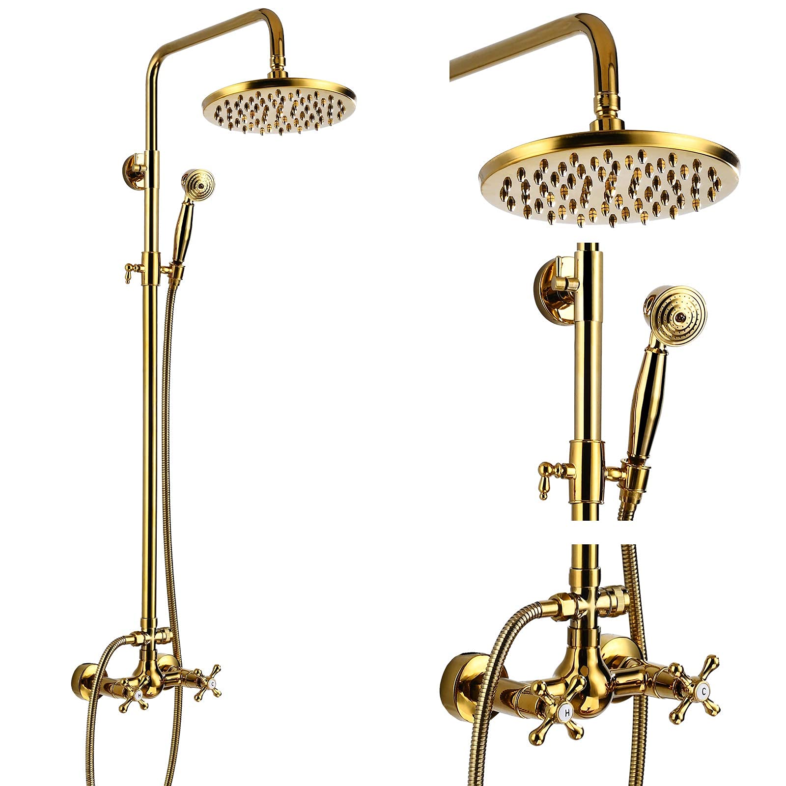 Gotonovo 8 Inch Rainfall Shower Faucet Set - Polished Gold Wall Mount Bathroom Shower System with Handheld Showerhead and Cross Handle, 2 Function Water Spray Modes - Perfect for Modern Bathroom Renovation and Spa-Like Shower Experience
