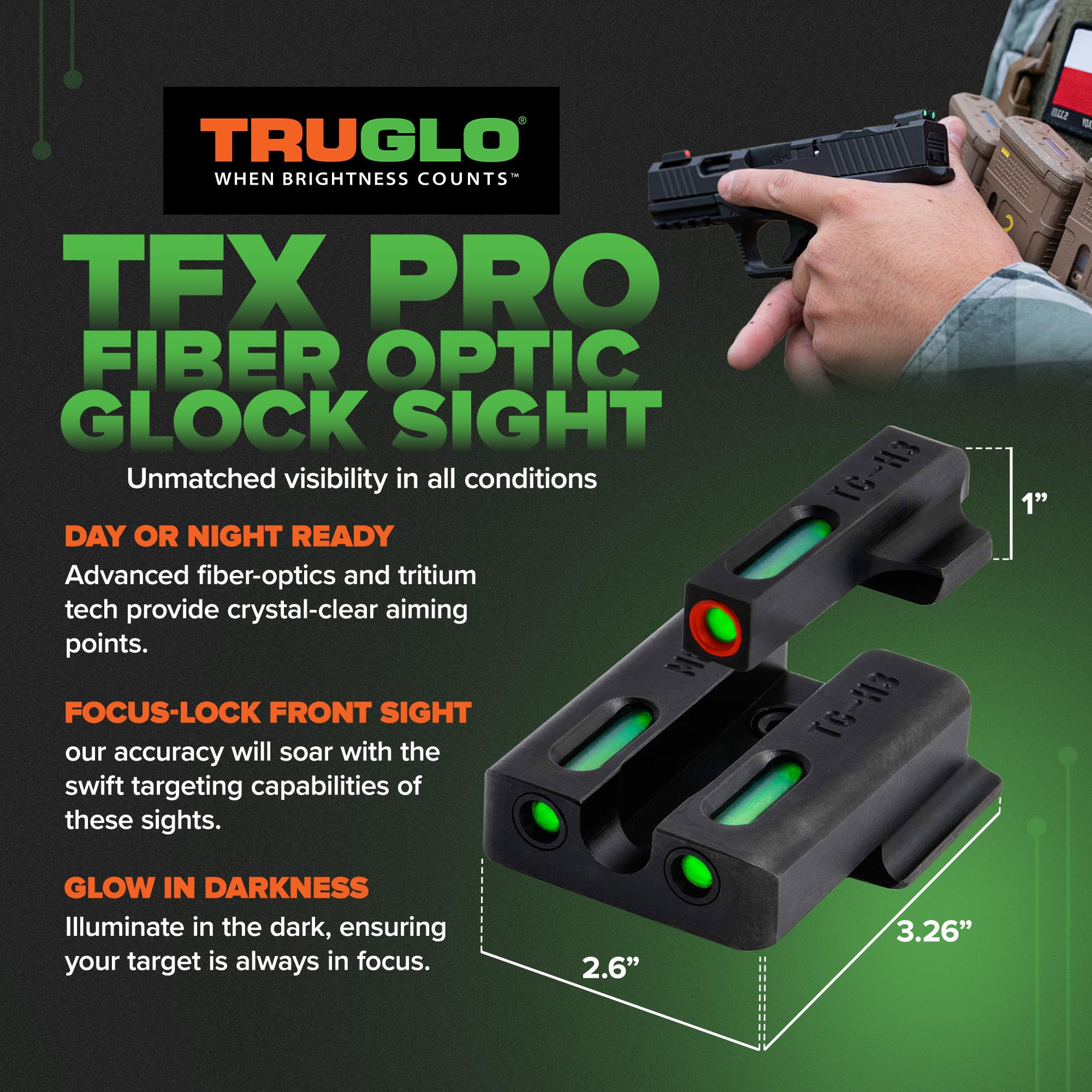 Truglo TFX PRO Handgun Sight - Tritium & Fiber Optic Night Sight for Glock, Sig Sauer, Smith & Wesson - Compact, Durable, Shock Proof for Home Defense & Tactical Shooting