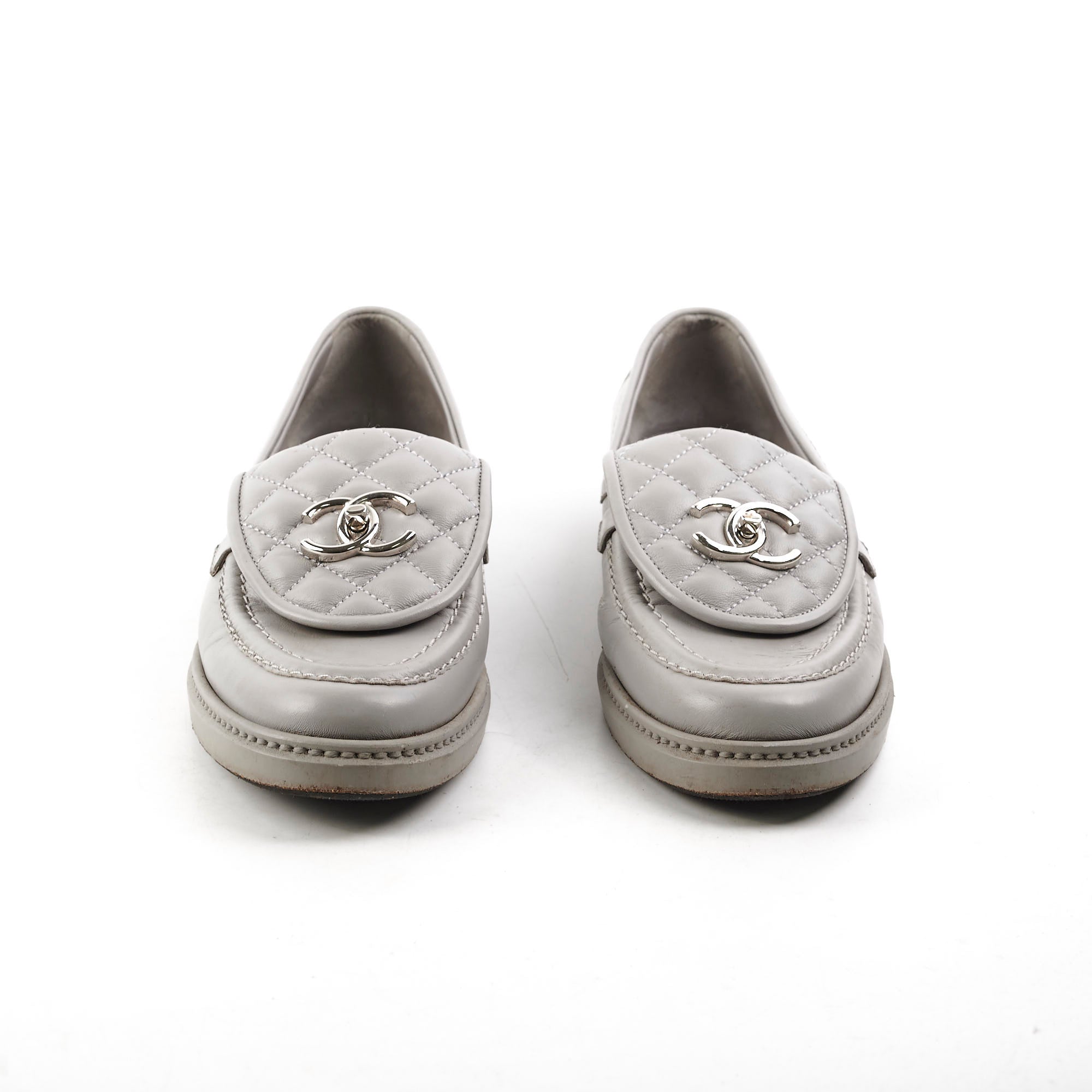 Chanel Quilted Grey Leather Loafers Women's Size 36.5 - Luxury Comfortable Slip-On Shoes for Office, Travel & Casual Outings