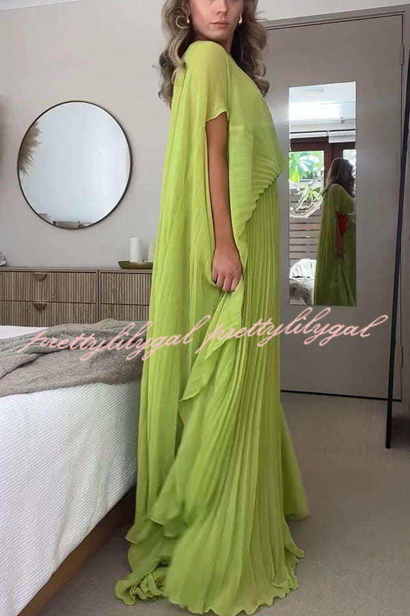 Spring Whispers Chiffon Pleated Wide Sleeve Volume Maxi Dress | Flowy Elegant Long Dress for Women | Perfect for Weddings, Parties & Summer Vacations