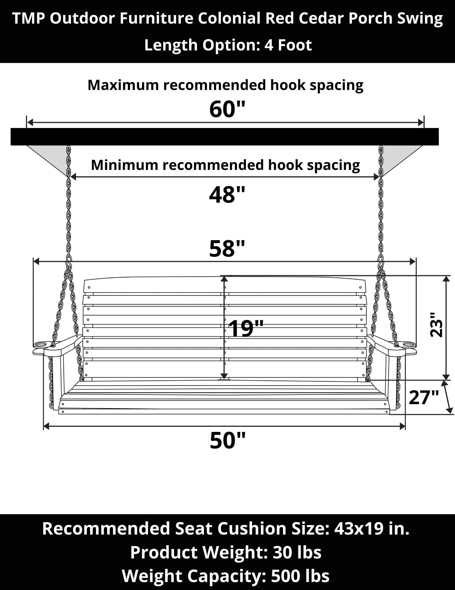 Premium TMP Outdoor Furniture 4 Foot Porch Swing - Solid Colonial Red Cedar Wood - Perfect for Patio, Garden, Backyard & Porch Relaxation