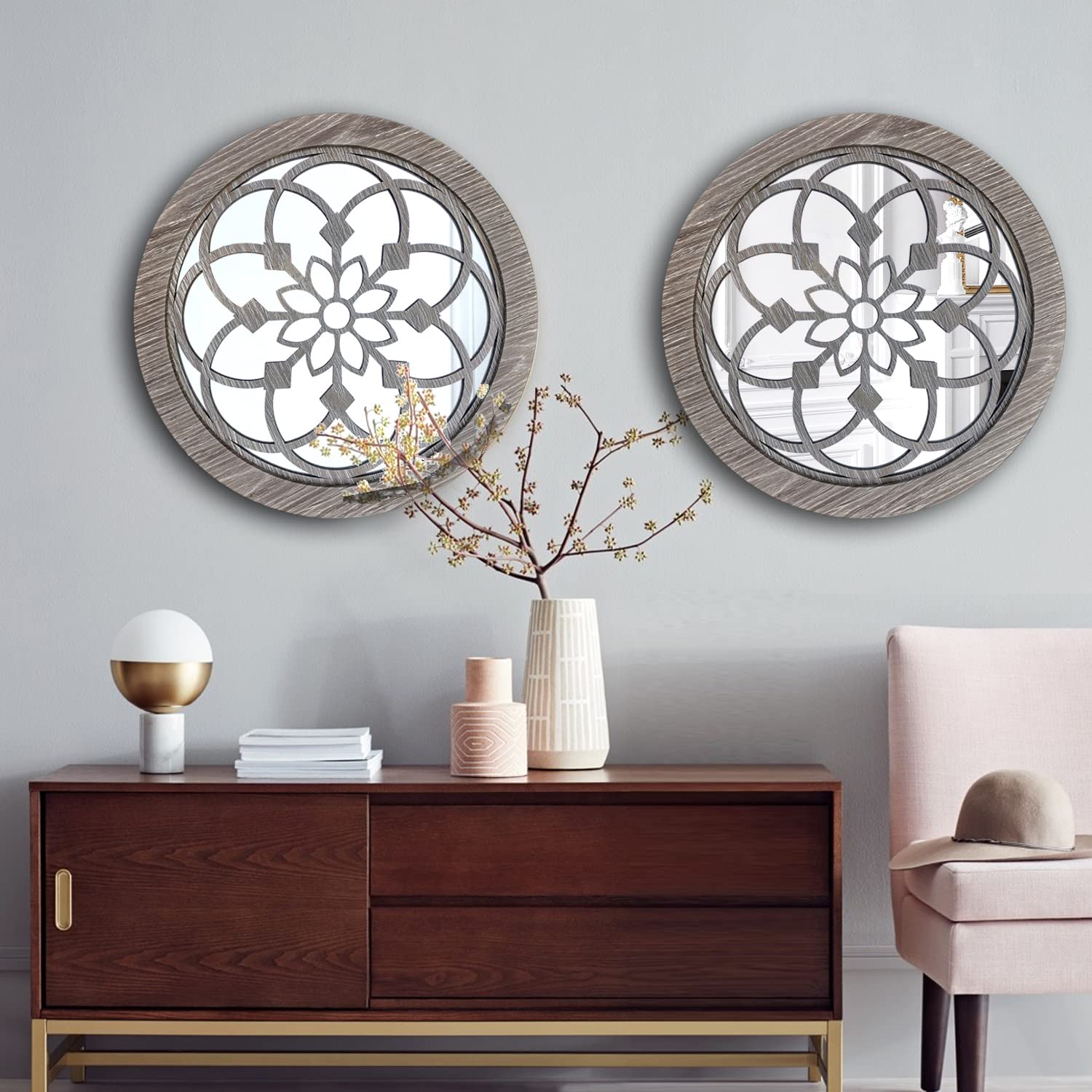 Wocred 2-Pack 20 Inch Round Wall Mirror - Rustic Farmhouse Decor, Barn Wood Frame - Perfect for Bathroom, Bedroom, Living Room & Entryway Decor | Home Renovation & Interior Design Accent Piece