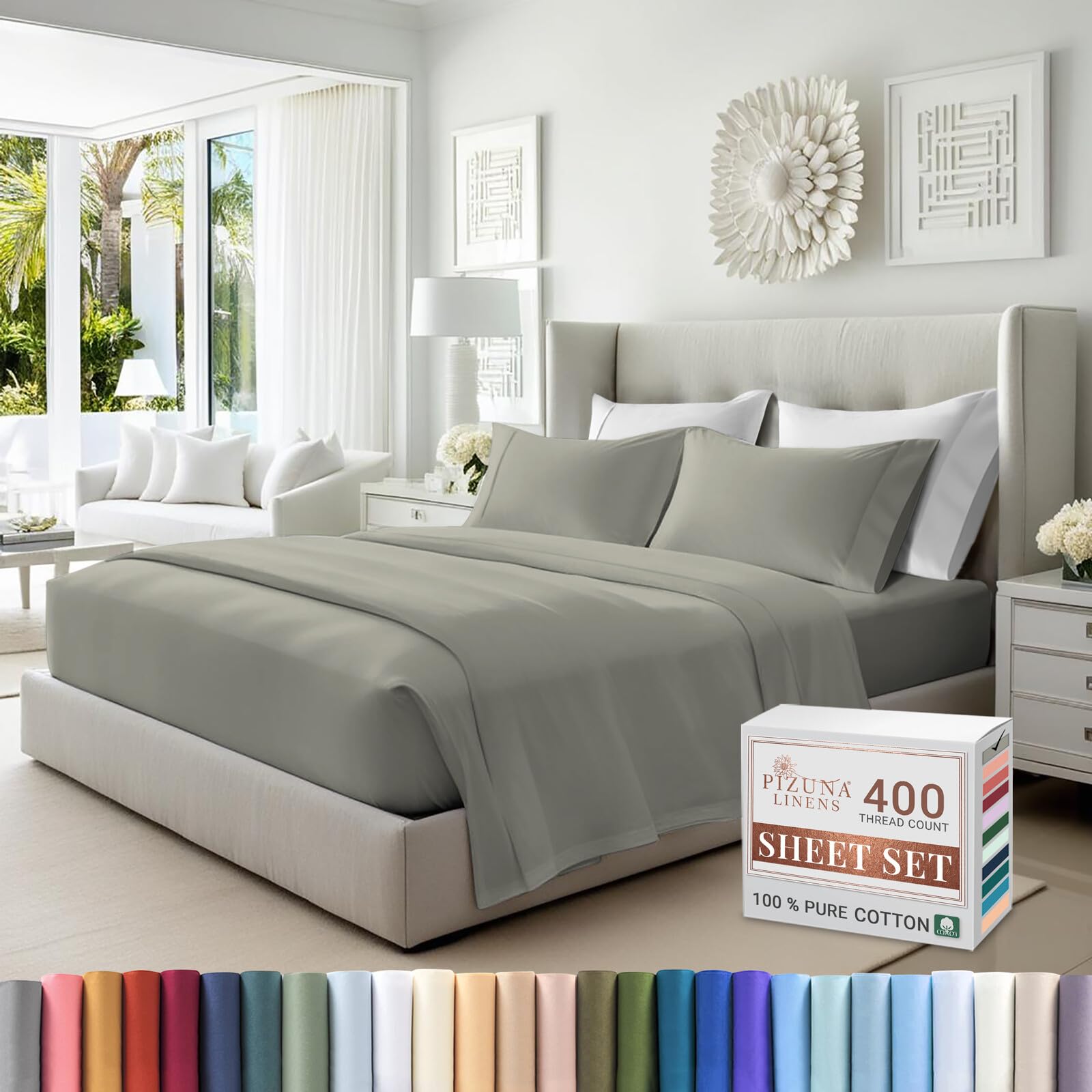 Pizuna Pure 100% Cotton Queen Size Bed Sheets - 400 Thread Count Luxury Sateen Weave with 15