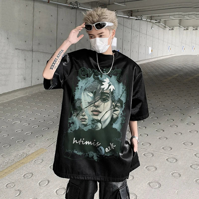 American Style Men's T-Shirts with Shoulder Pads & Cartoon Print - Round Neck Short Sleeve Casual Tees for Men | Trendy Streetwear for Everyday Wear, Parties, and Outings