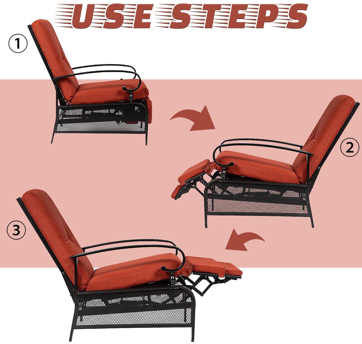 Incbruce 2-Piece Outdoor Lounge Chair Set with Adjustable Recliner, Retractable Steel Frame & Removable Thick Cushions - Red Patio Furniture for Poolside, Garden, Deck, and Backyard Relaxation