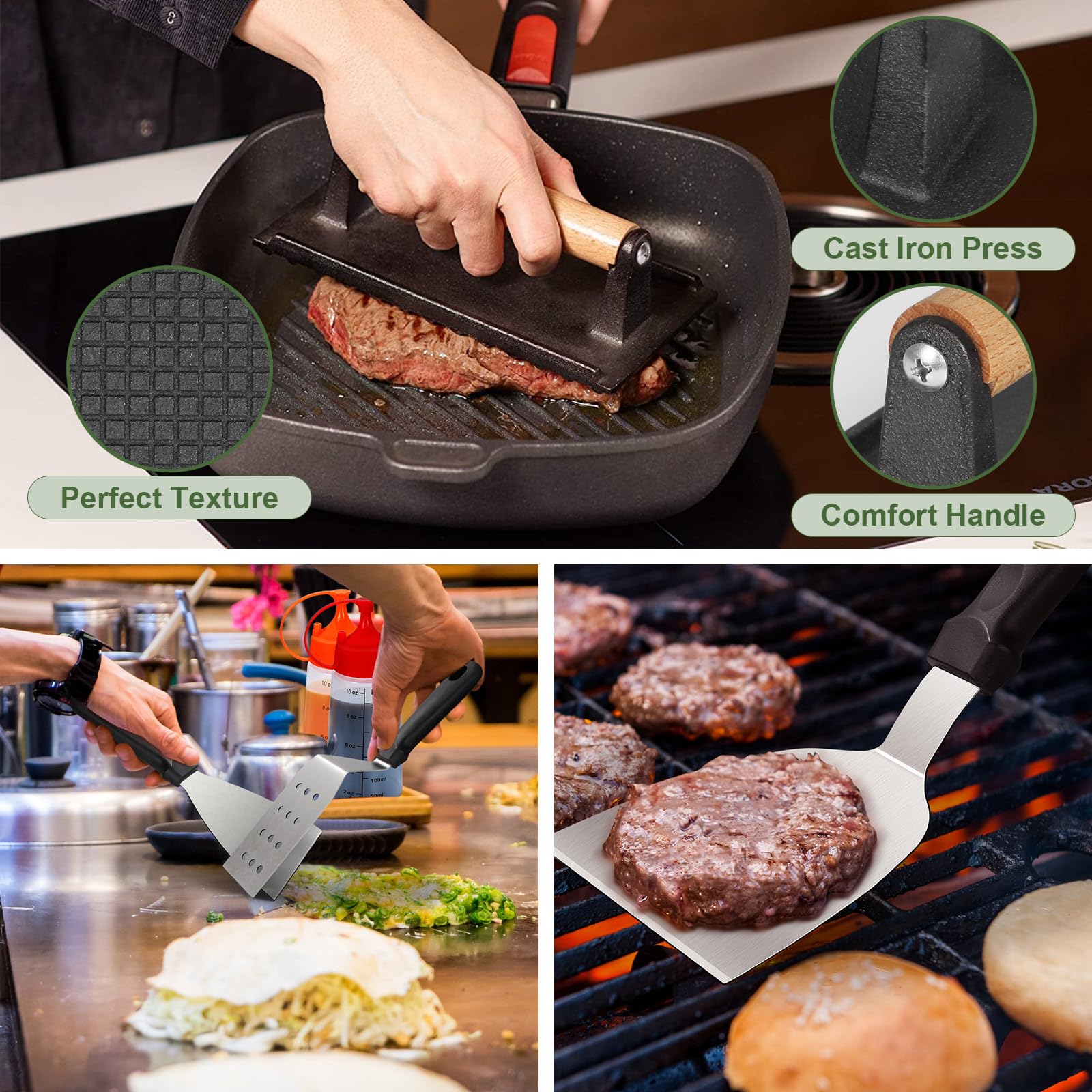 20PCS Griddle Accessories Kit for Blackstone & Camp Chef - Heavy Duty Grill Spatula Set with Enlarged Spatulas, Basting Cover & Iron Smash Burger Press - Perfect for Outdoor BBQ, Camping & Backyard Cooking