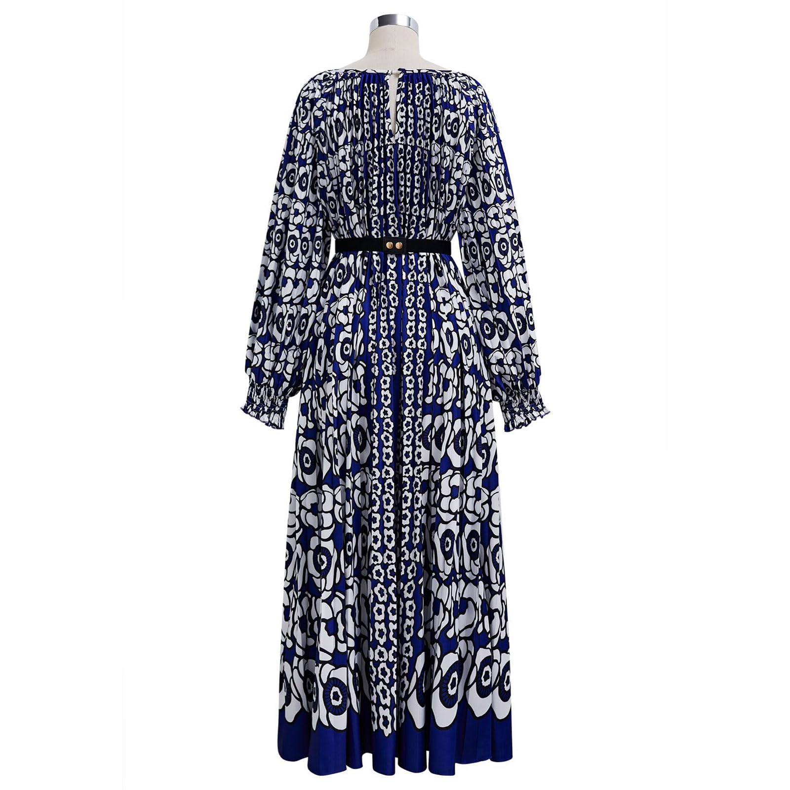 CHICWISH Women's Floral Print Long Sleeve Maxi Dress with Belt - Navy Blue Pleated Summer Dress for Casual Wear, Beach Vacation, and Date Night Outfits