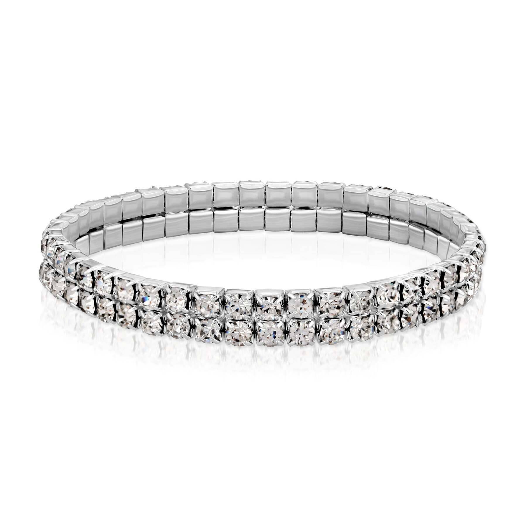1928 Jewelry Clear Crystal 2 Row Rhinestone Stretch Bracelet for Women - Elegant Vintage Style Adjustable Bangle for Party, Wedding & Evening Wear
