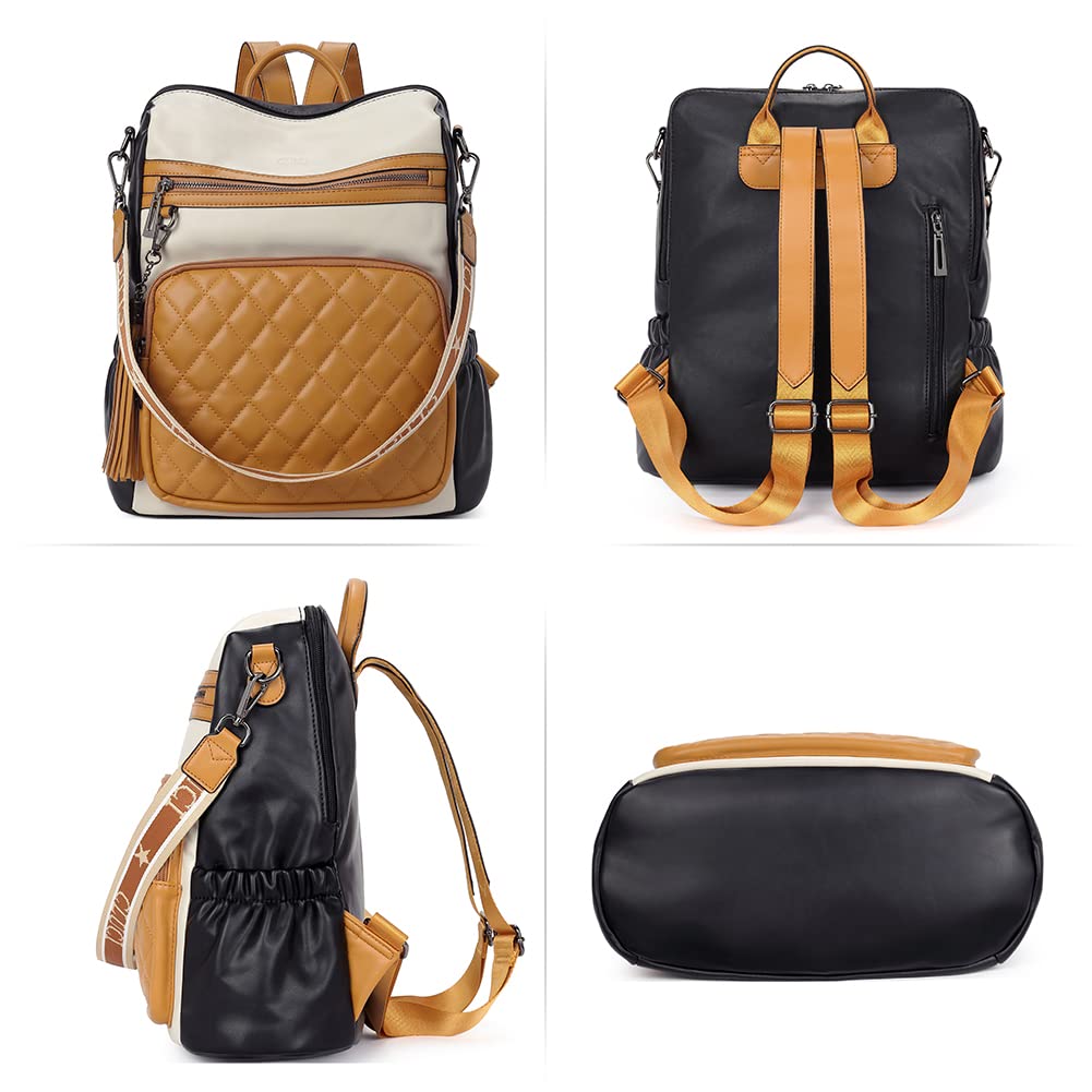 CLUCI Leather Backpack Purse for Women - Fashion Travel Shoulder Bag with Tassel (Yellow/White) for Work & Weekend