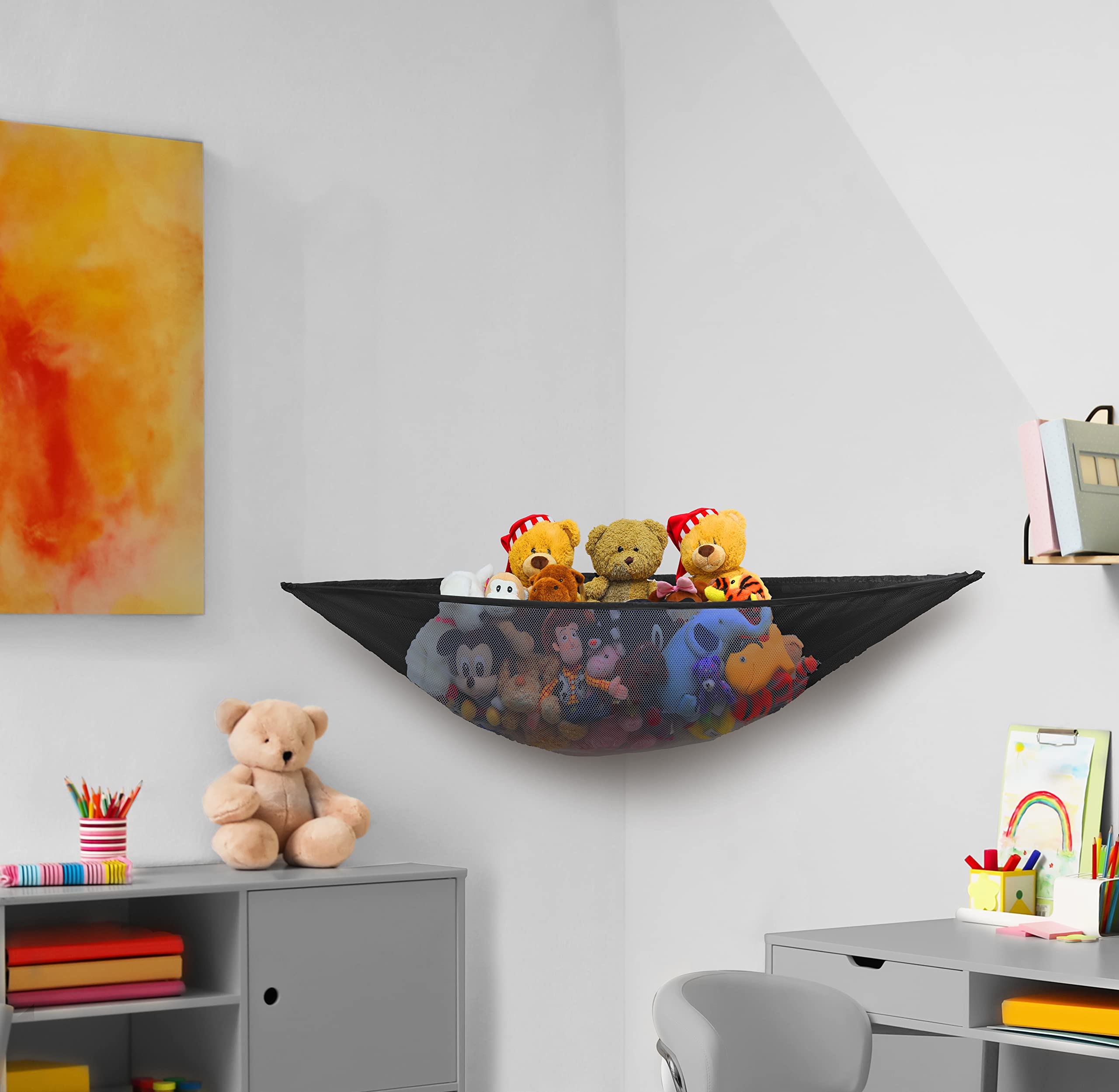 2 Pack Stuffed Animal Hammock for Kids - Corner Hanging Toy Storage Organizer for Bedroom & Nursery - Soft Fabric Toy Net Holder (Black) - Perfect for Storing Plush Toys, Dolls & Stuffed Animals in Small Spaces