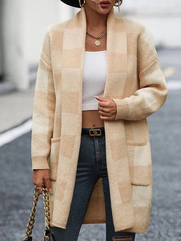 Stylish Loose Plaid Color Block Knit Cardigan Sweater for Women - Cozy Fall & Winter Fashion - Perfect for Office, Dating and Casual Outings