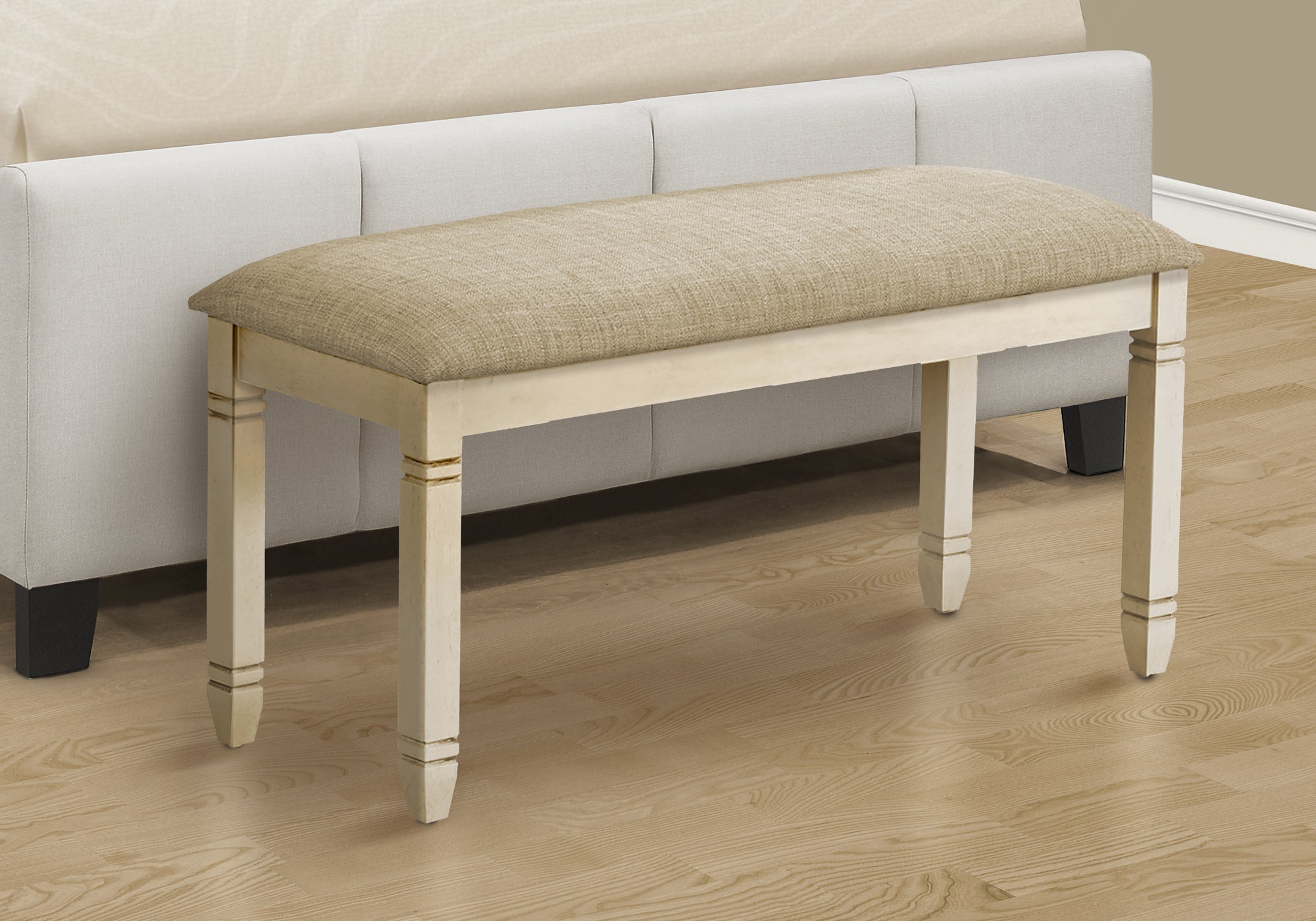 Antique White Rectangular Upholstered Bench with Beige Linen Fabric - Entryway Seating, Bedroom Storage, Living Room Decor, Farmhouse Style Furniture