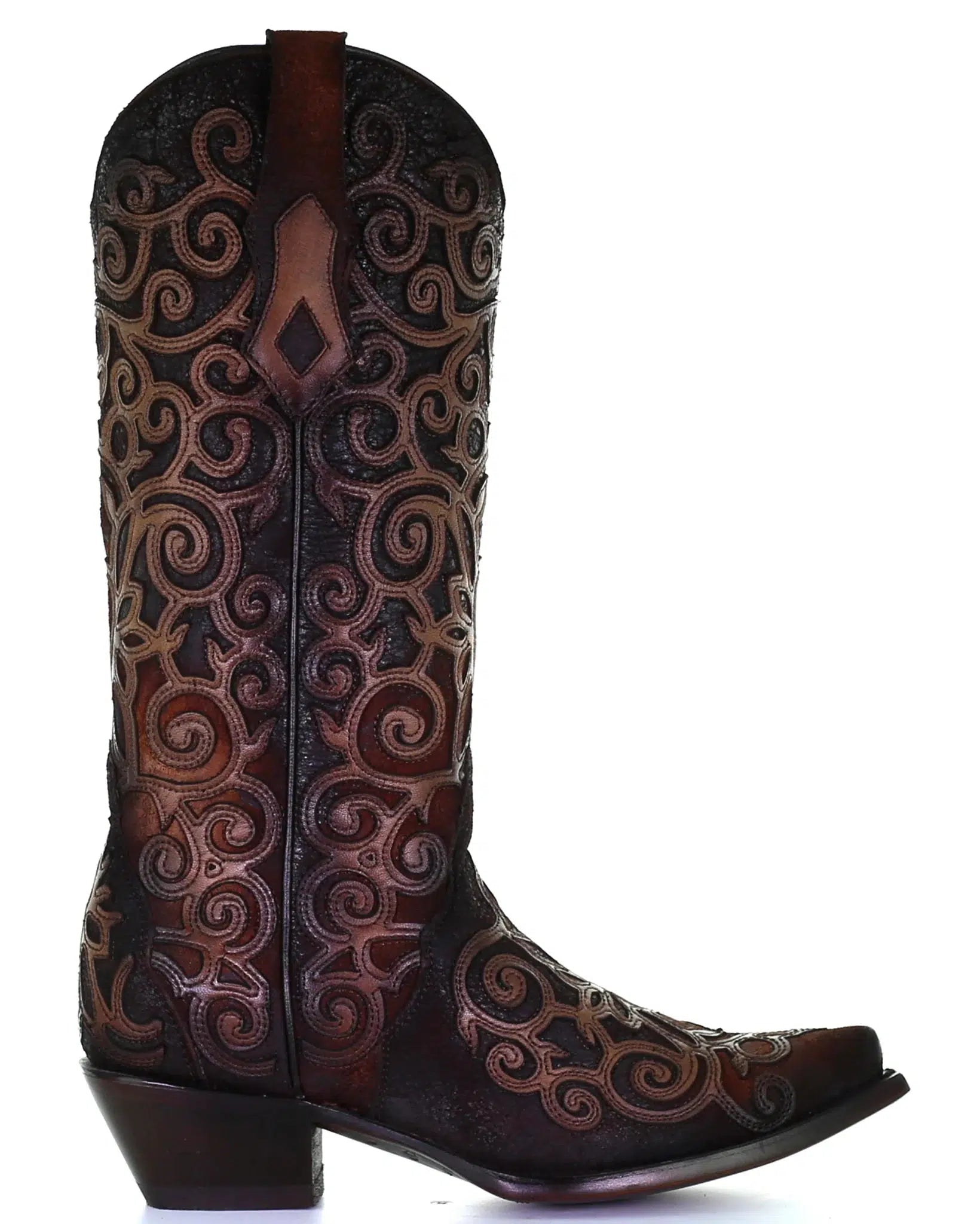 **Women's C3744 M Corral Brown & Red Cowhide Leather Boots - Western Style for Riding, Country Fashion & Outdoor Activities**