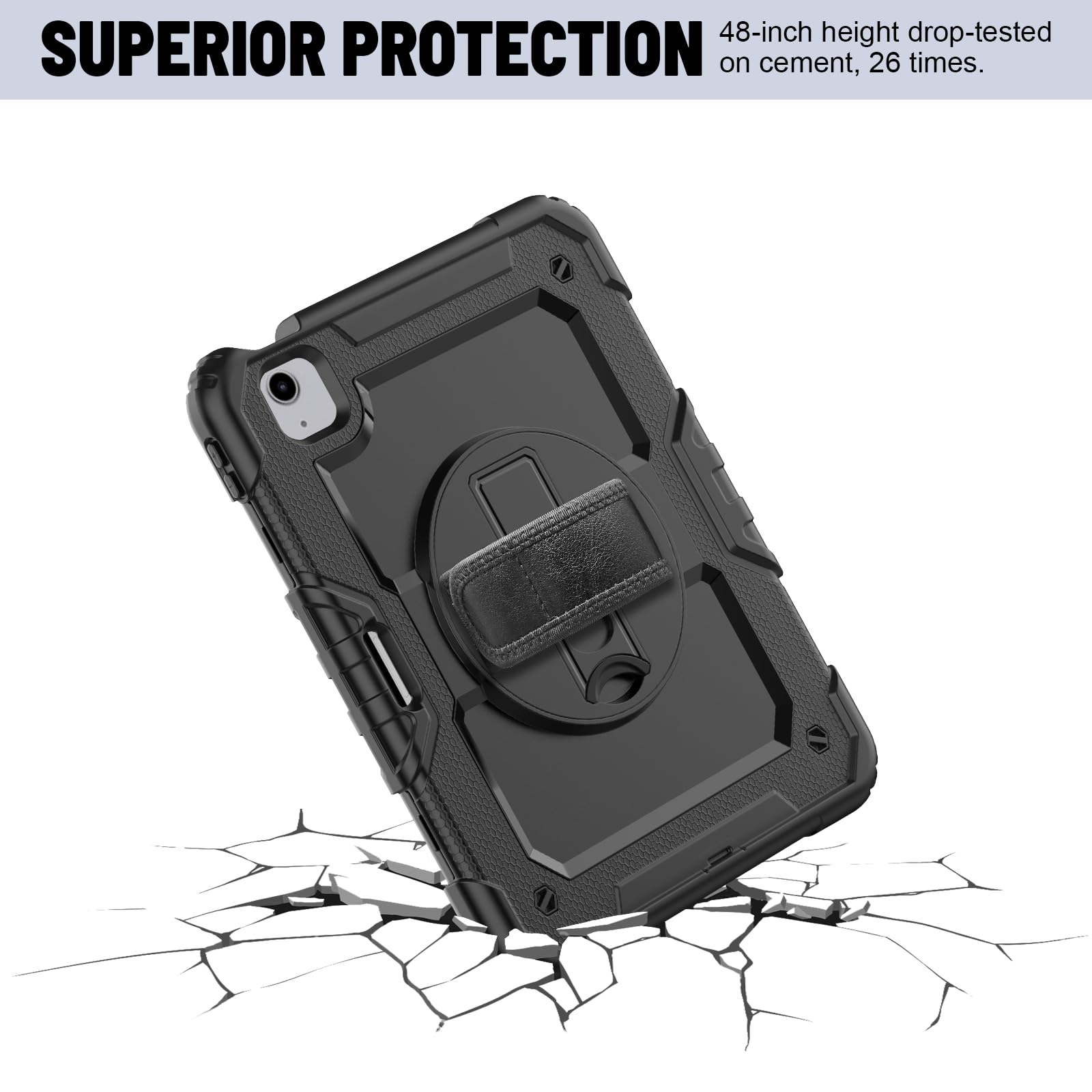 Premium iPad Air 5/4 (10.9'' 2022/2020) & iPad Pro 11 (2021/2020/2018) Protective Case - Shockproof Full-Body Cover with 9H Tempered Glass Screen Protector, 360° Rotatable Kickstand & Hand Strap | Perfect for Kids, Travel, Work & Home Use (Black)