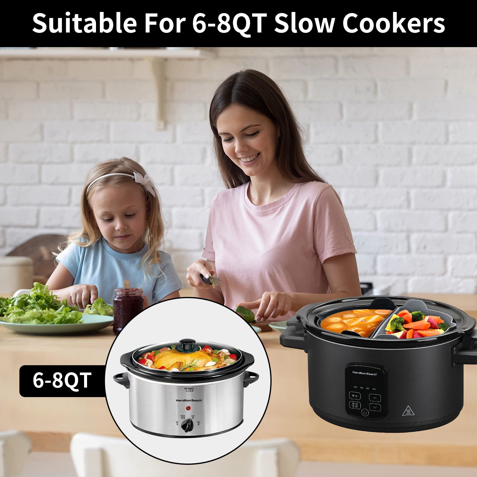 Darbermu 6-7QT Silicone Slow Cooker Liners - 2 Pack Reusable Crockpot Divider Inserts for Easy Cooking & Cleaning | Perfect for Meal Prep, Soups, Stews & Family Dinners | Black & Grey Kitchen Accessories (117)