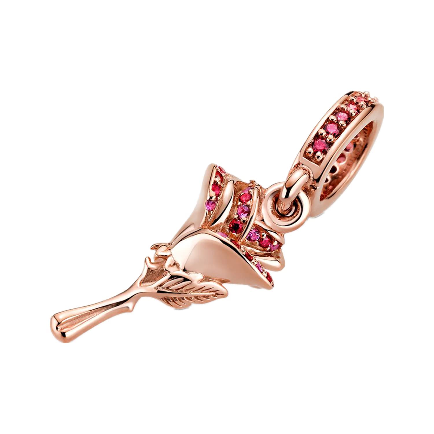 14K Rose Gold Plated Rose Flower Dangle Charm Pendant for Bracelets - Elegant Jewelry Gift for Women, Perfect for Anniversaries, Weddings & Special Occasions