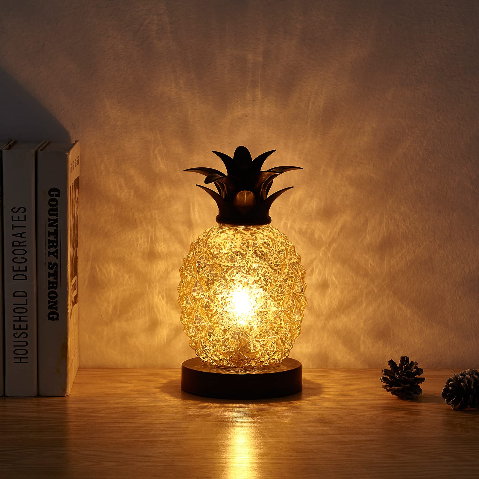 Golden Mercury Glass Pineapple Table Lamp - Elegant Night Light for Bedroom, Living Room, Kids Room, Kitchen & Dorm Decor | Perfect Gift & Festival Decoration (MJ0001)