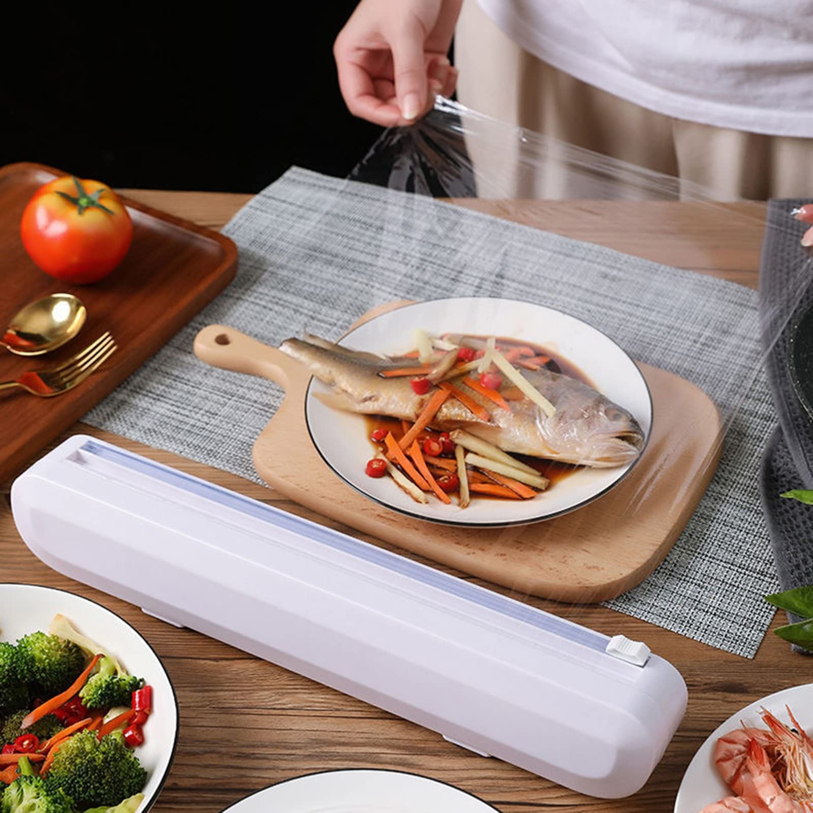**Reusable Plastic Wrap Dispenser with Built-in Cutter - White Kitchen Drawer Organizer for Food Storage, Cling Film & Aluminum Foil - Space Saving & Hangable for Pantry, Office, or Dorm Use**