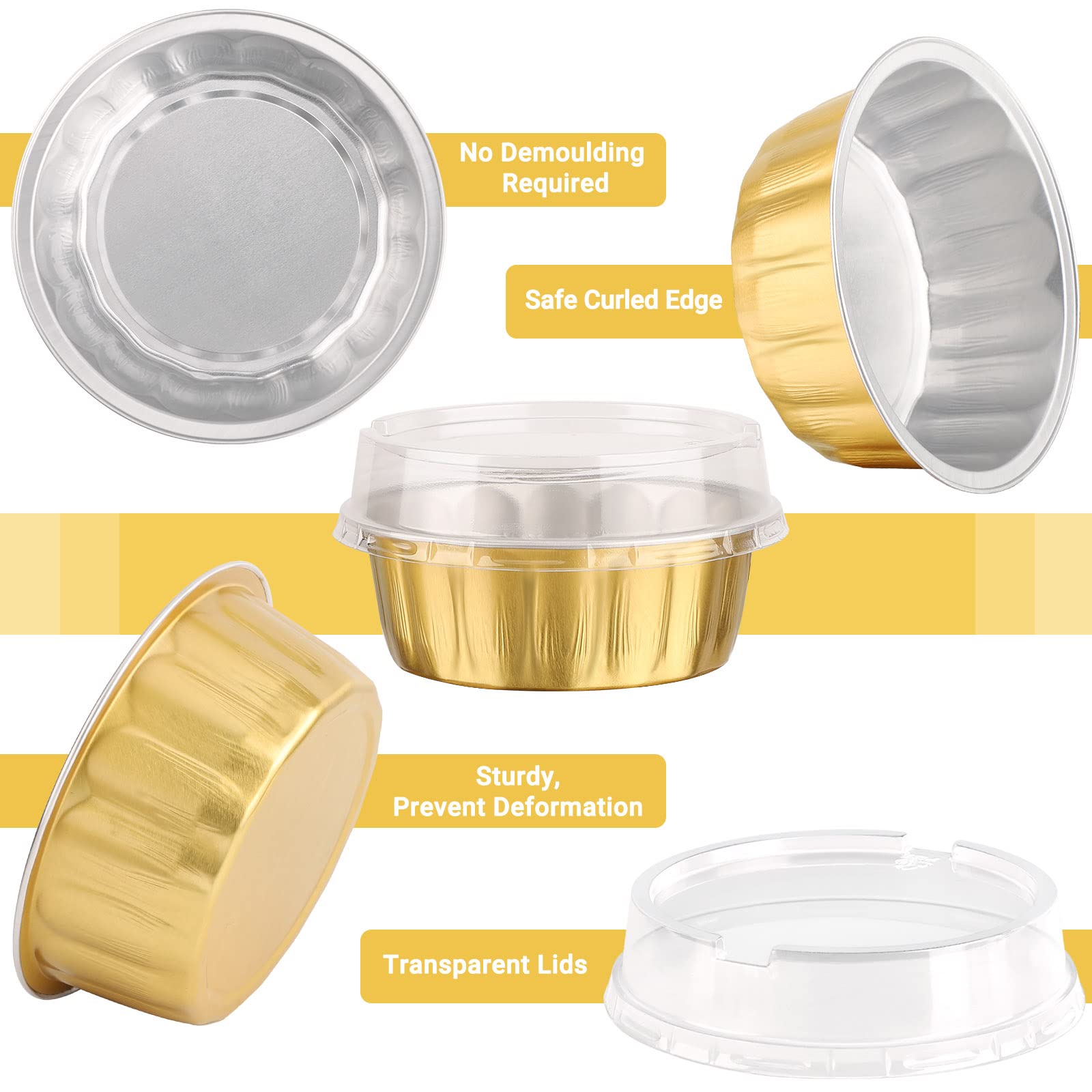 EUSOAR 50-Pack Gold Aluminum Foil Baking Cups - 8oz Disposable Cupcake Liners & Creme Brulee Ramekins | Reusable Flan Molds & Dessert Containers with Lids | Perfect for Baking, Party Treats & Food Storage