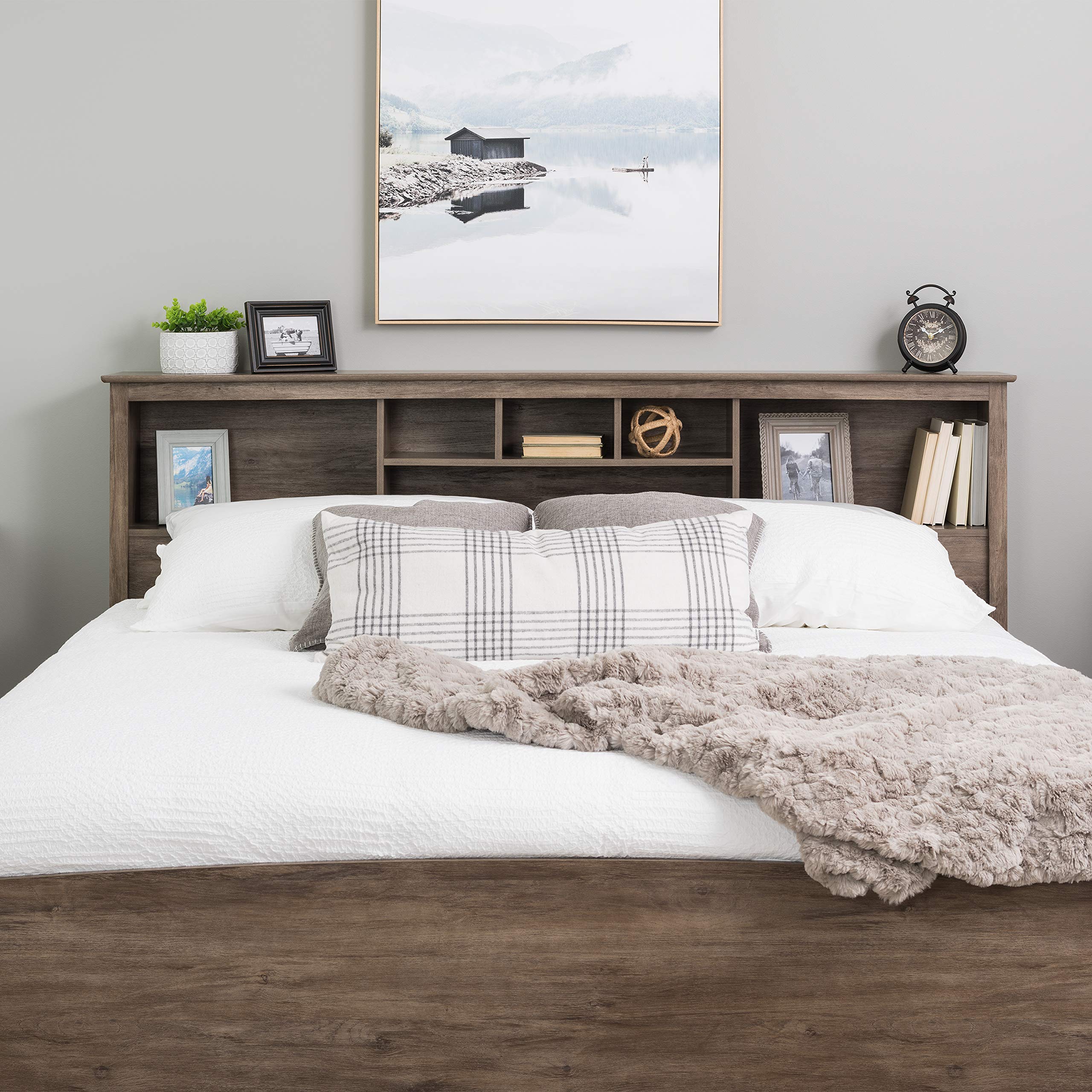 Prepac King Size Bookcase Headboard with Storage - Drifted Gray Finish | Perfect for Bedroom Organization & Stylish Home Decor