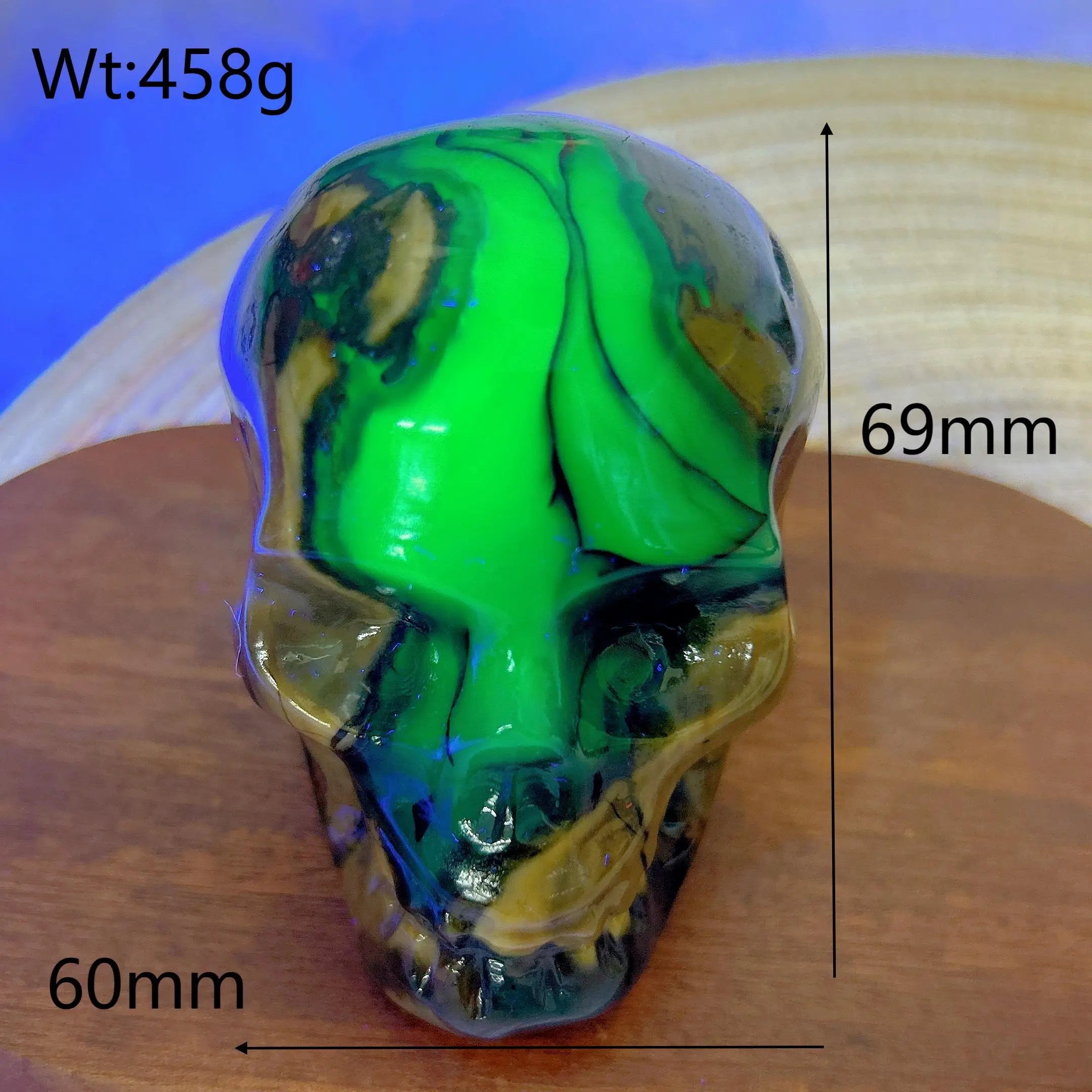 Natural Volcanic Agate Skull Carving with UV Light Effect - Green Flashy Healing Crystal for Energy, Home Decor & Spiritual Gifts | Perfect for Meditation, Feng Shui & Unique Gift Giving