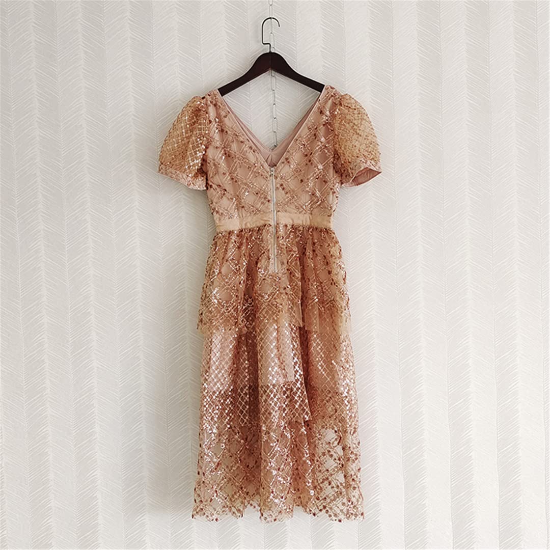 2022 Summer Women's Lace Dress with Sequins - Elegant V-Neck Short Sleeve Midi Dress for Party, Vacation & Special Occasions | Perfect for Beach Weddings, Cocktail Events & Summer Getaways