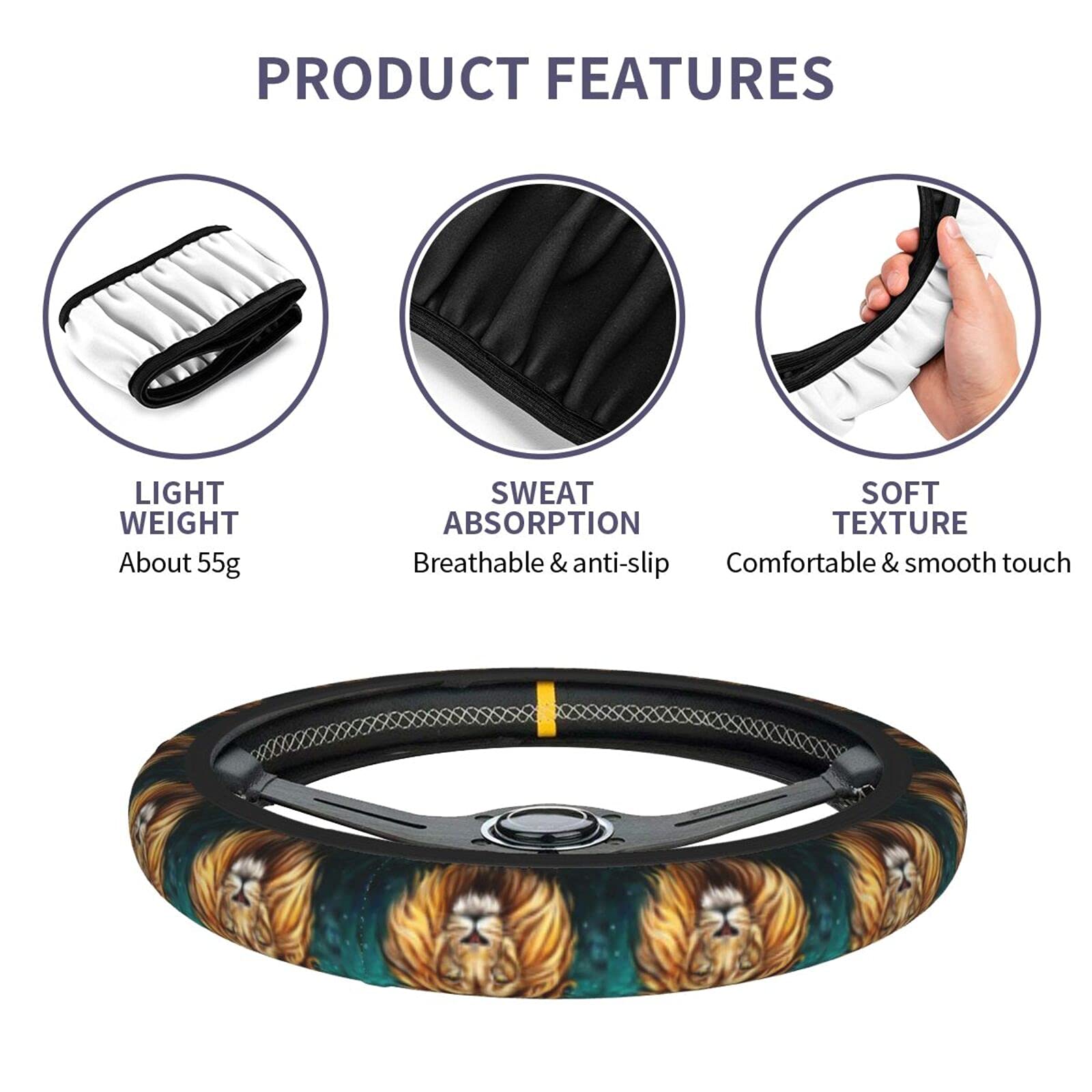 3D Lion Printed Anti-Slip Steering Wheel Cover - Breathable Universal Fit for 15 Inch Cars, SUVs & Pickup Trucks - Perfect for Off-Roading, Commuting & Long Drives