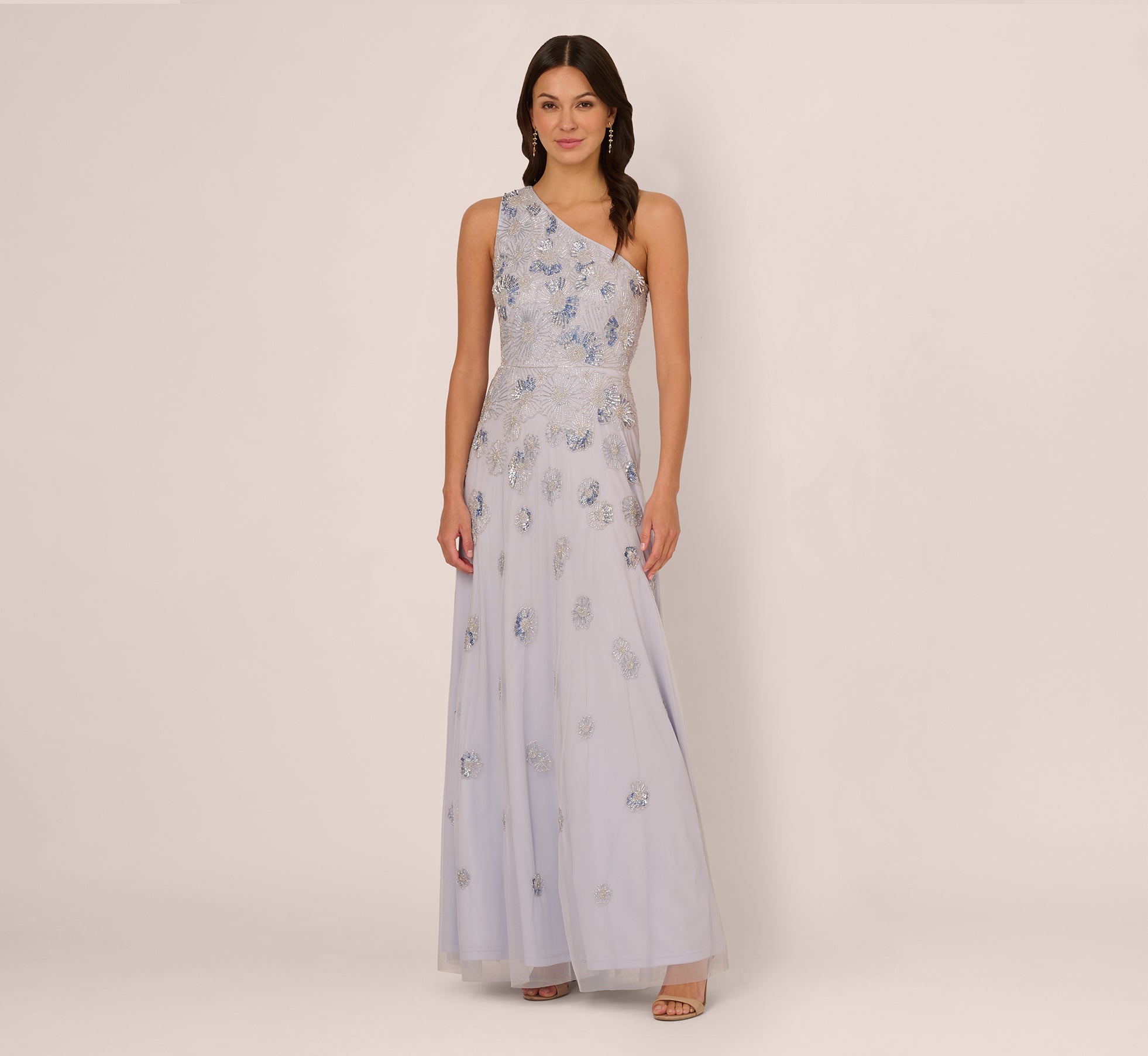 Elegant One Shoulder Beaded Mesh Evening Gown in Serenity Blue - Perfect for Prom, Wedding Guest & Formal Events