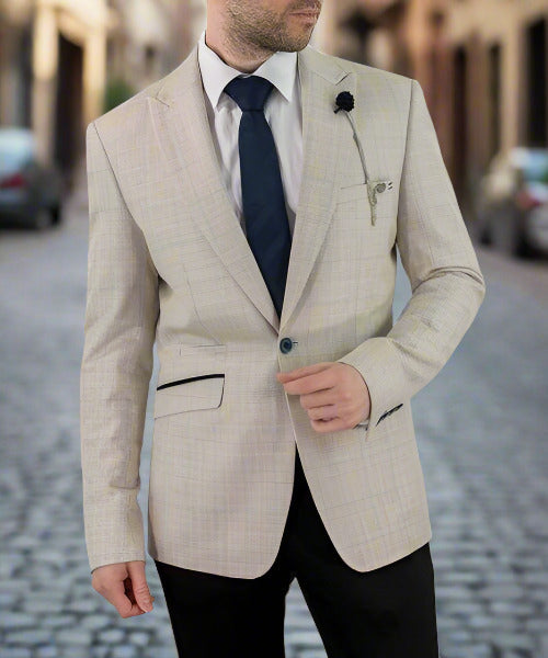 Cavani Caridi Men's Cream Tweed Check Blazer Jacket - Perfect for Business Meetings, Weddings & Formal Events
