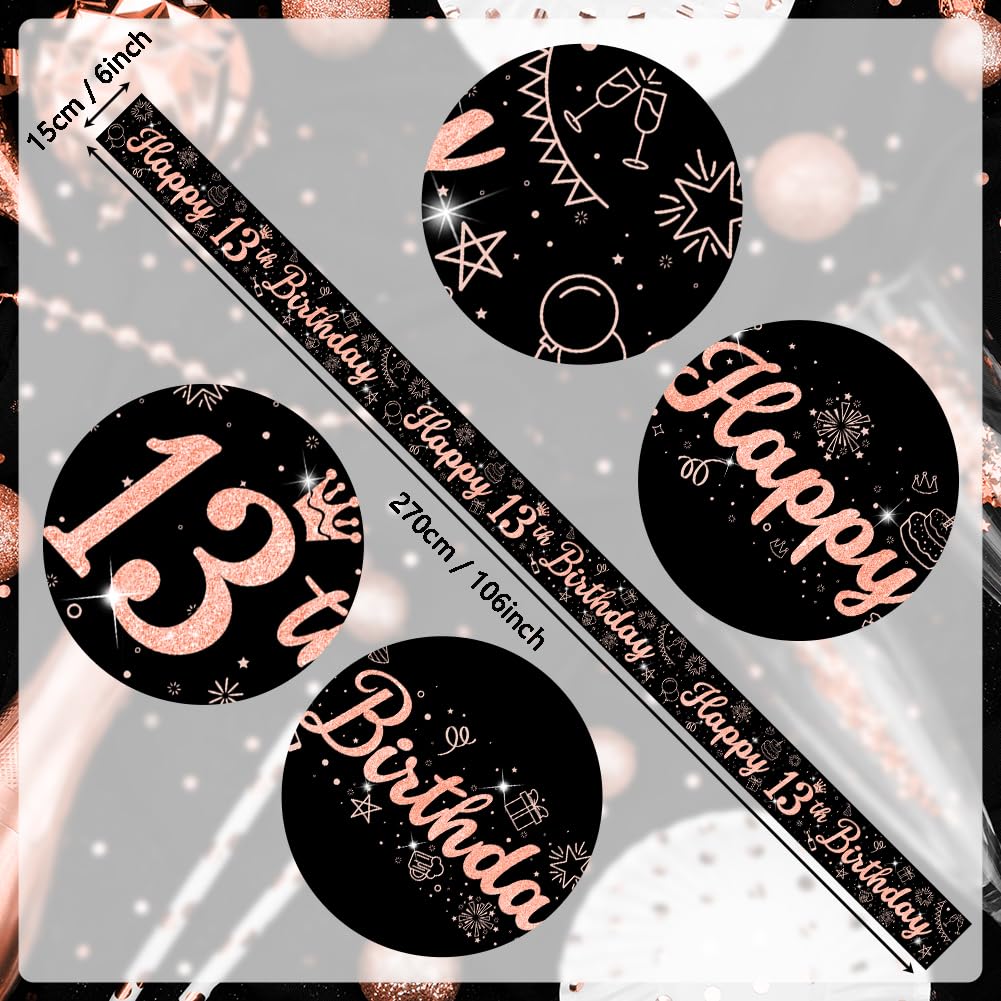 Black Rose Gold 13th Birthday Party Decorations Kit - 16-Piece Happy Birthday Banner & Bunting Set for Teen Girls | Perfect for Sweet 16, Quinceañera & Milestone Celebrations