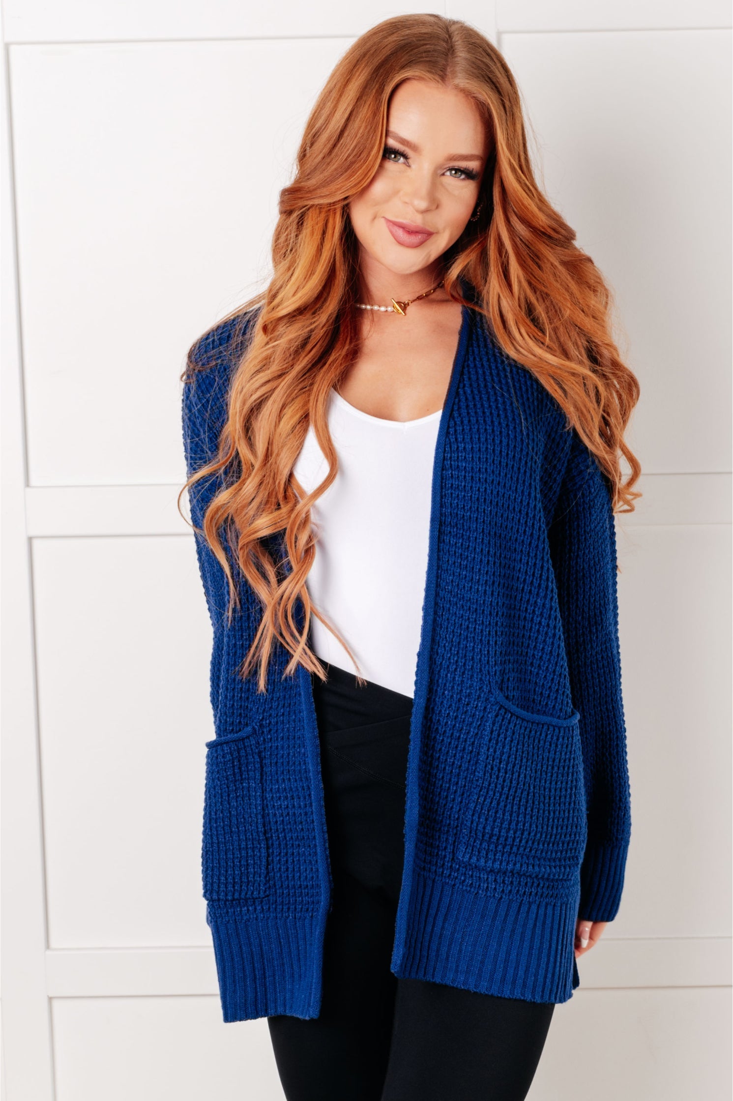 Light Navy Waffle Knit Open Front Cardigan for Women - Cozy Long Sleeve Loose Fit Sweater - Perfect for Fall Layering, Casual Outfits & Lounge Wear