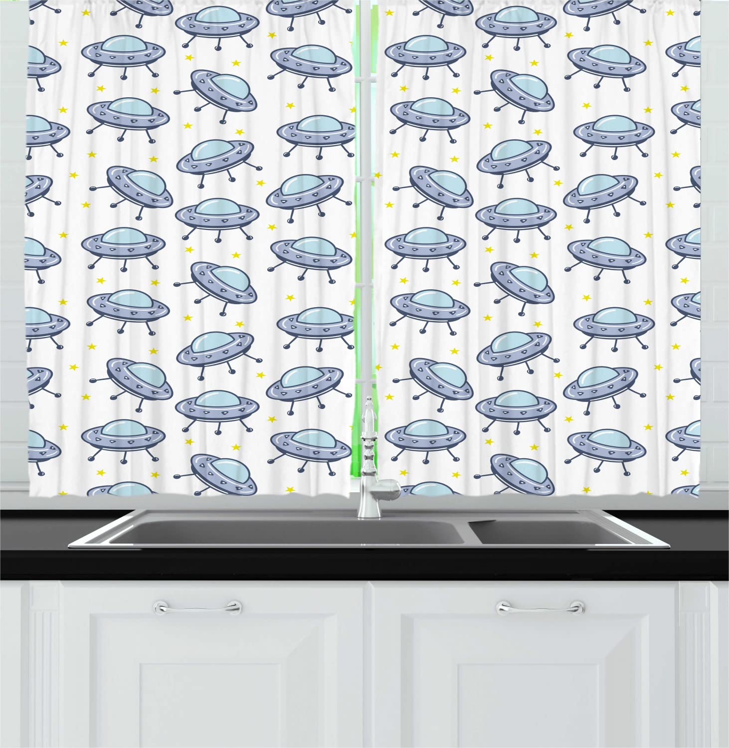 Ambesonne UFO Spaceship Kitchen Curtains - Sci-Fi Flying Saucers & Stars Print, 2 Panel Rod Pocket Drapes, 55
