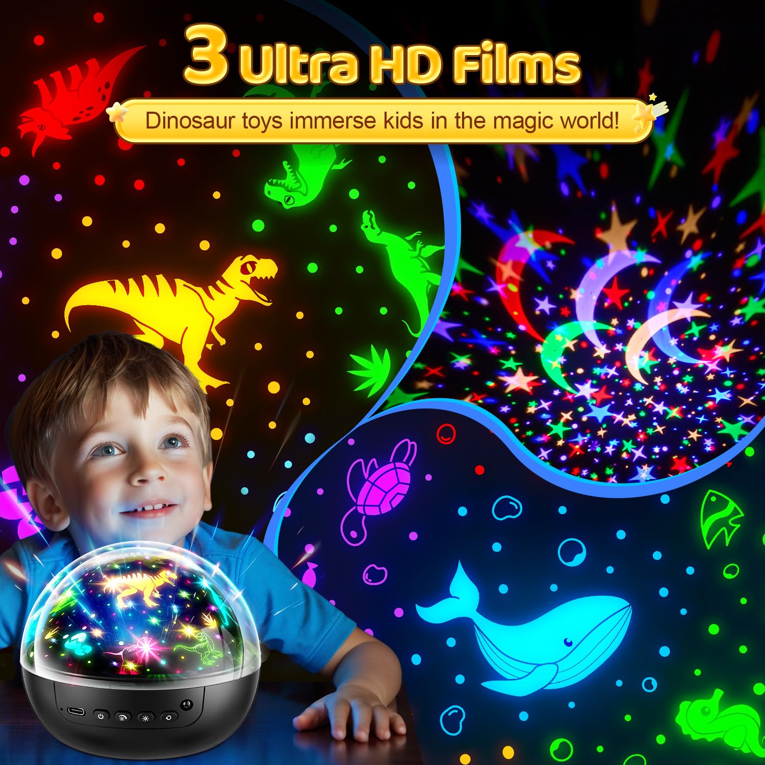 Remote Control Dinosaur Toys for Kids Ages 2-7 with 3 Films & 93 Effects - Rotating Night Light Projector with 3 Timer Settings & 5 Brightness Levels - Perfect for Bedtime, Playtime, and Room Decor