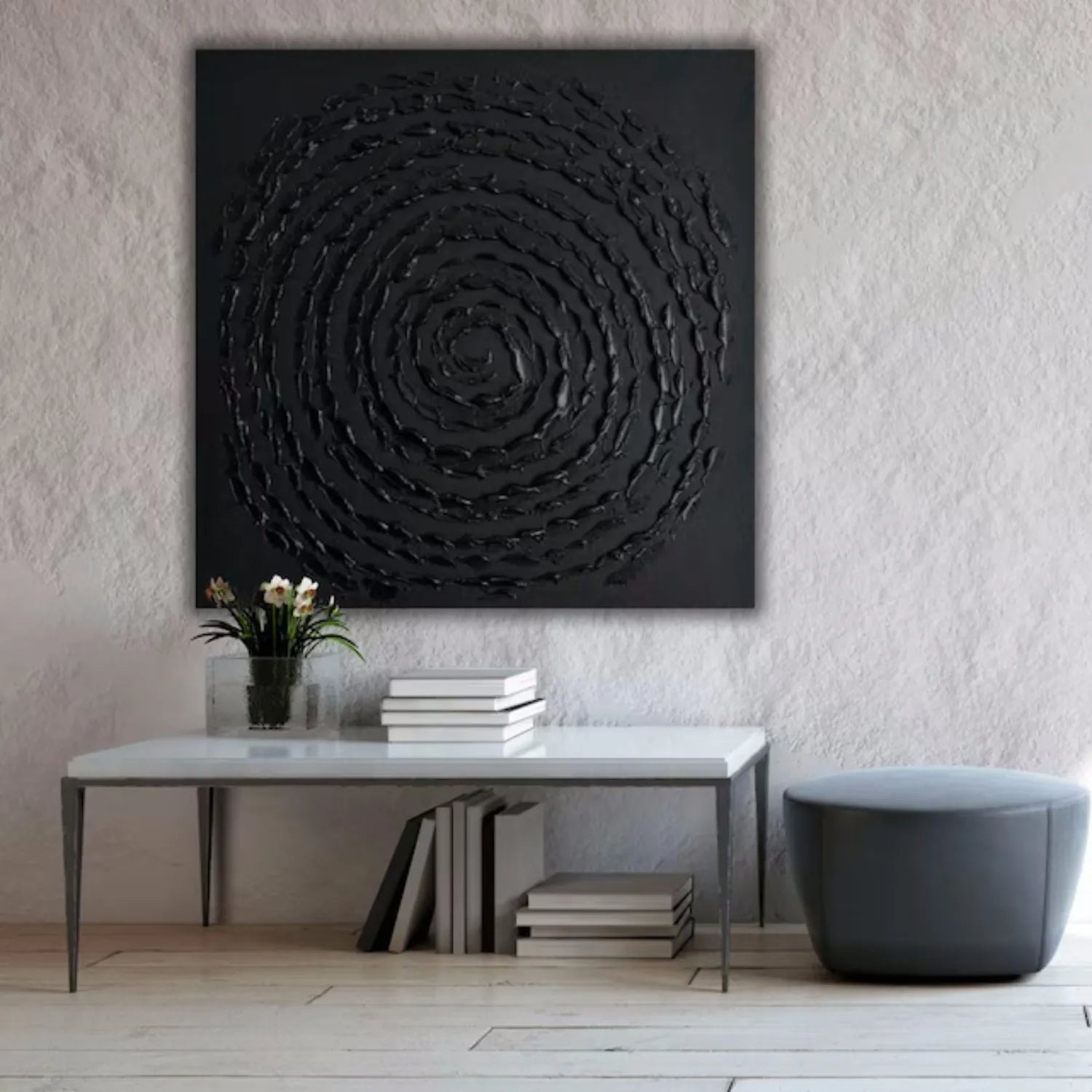 Black Minimalist Textured Painting Canvas #MZ113 - Modern Abstract Wall Art for Living Room, Bedroom & Office Decor