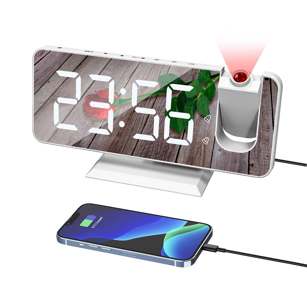 Projection Alarm Clock for Bedroom Ceiling - Digital Clock with USB Charger Ports, Dual Alarms, Snooze Function, 4 Dimmer Settings & 7.4” Large Mirror LED Display (White) - Perfect for Home, Office, Kids Room & Travel Use