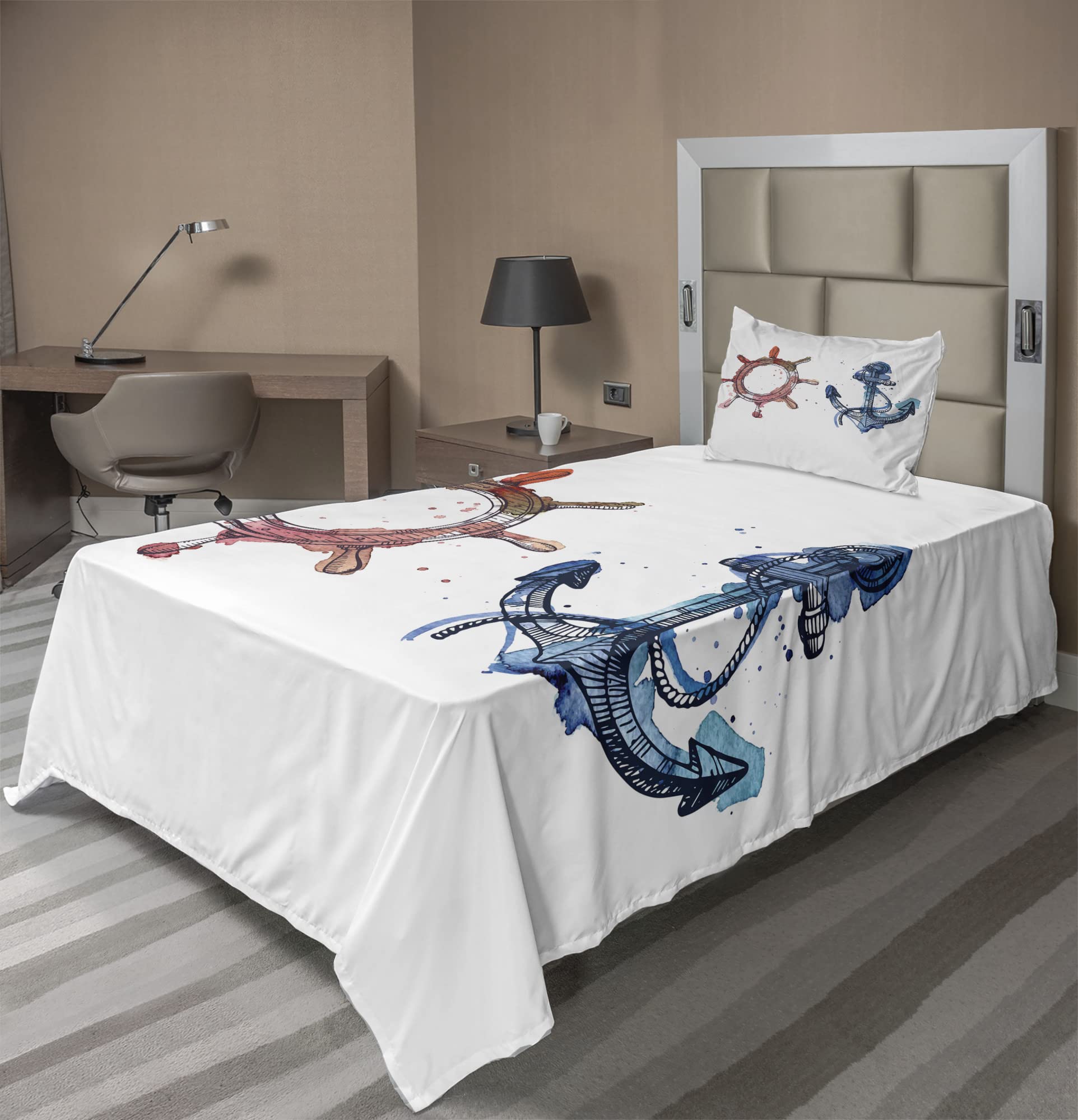 Ambesonne Nautical 3-Piece Sheet Set - Anchor & Steering Wheel Watercolor Design with Ink Brush Effects, Twin XL, Pink & Blue - Perfect for Coastal Bedrooms & Nautical-Themed Decor