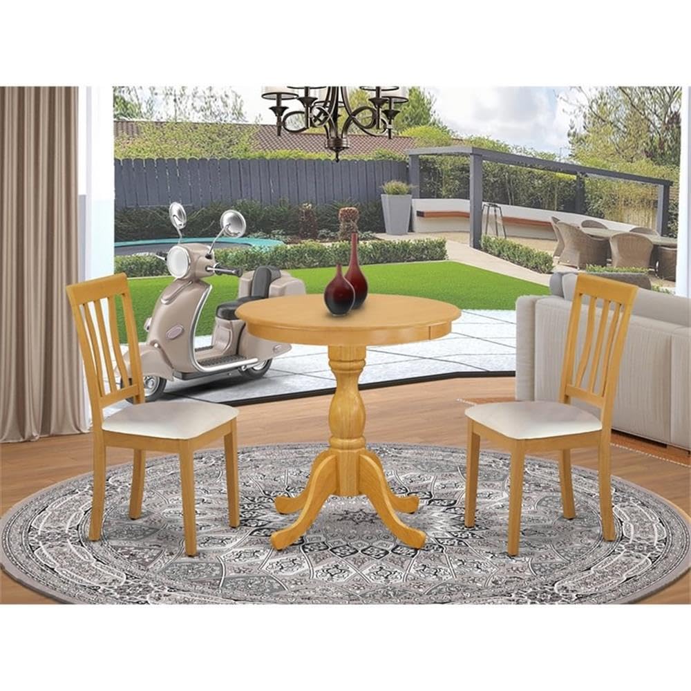 East West Furniture ESAN3-OAK-LC 3-Piece Round Kitchen Dining Table Set with Pedestal Base & 2 Faux Leather Chairs, 30x30 Inch, Oak - Perfect for Small Spaces, Breakfast Nooks & Cozy Apartments