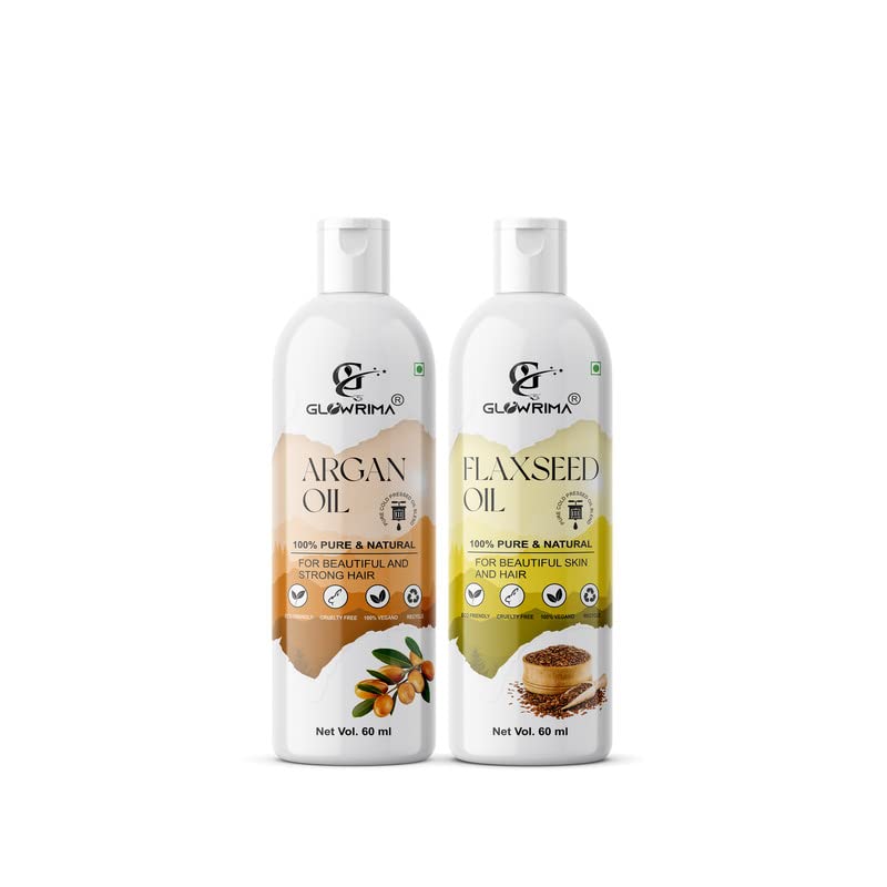Glowrima 100% Pure Argan Oil & Flaxseed Oil Combo Set - 60ML Each for Hair Growth, Anti Hair Fall, Split Ends Repair, Soft & Shiny Hair - Perfect for Daily Hair Care, Scalp Treatment & DIY Hair Masks (Pack of 2)