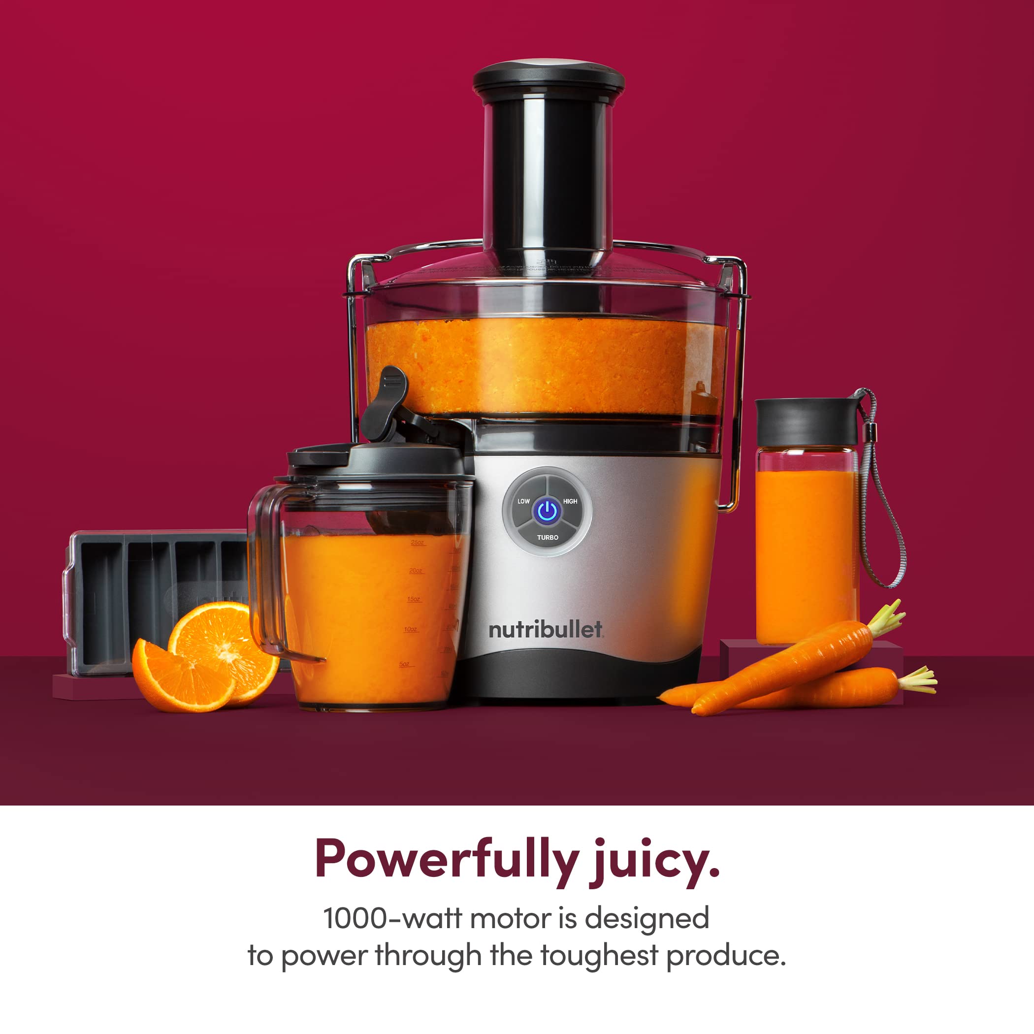 NutriBullet Juicer Pro 1000W High-Speed Centrifugal Juicer - 27oz (1.5L) Large Capacity for Fruits & Vegetables - Easy Clean & Quiet Operation - Perfect for Healthy Juicing, Detox & Breakfast Smoothies - Silver (Model NBJ50200)