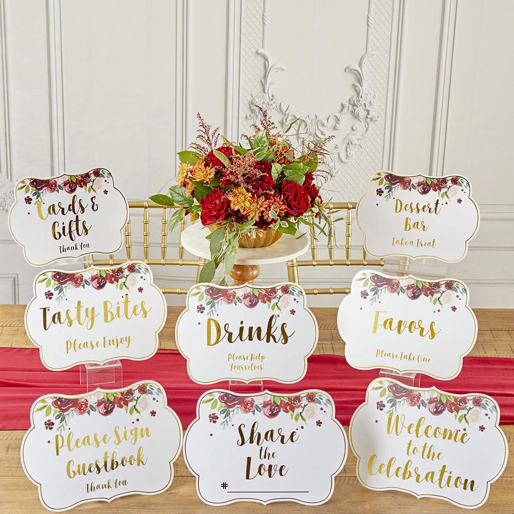 Burgundy Blush Floral Party Decor Sign Kit - Set of 8 Wedding & Baby Shower Decorations for Wall, Table, and Photo Backdrop