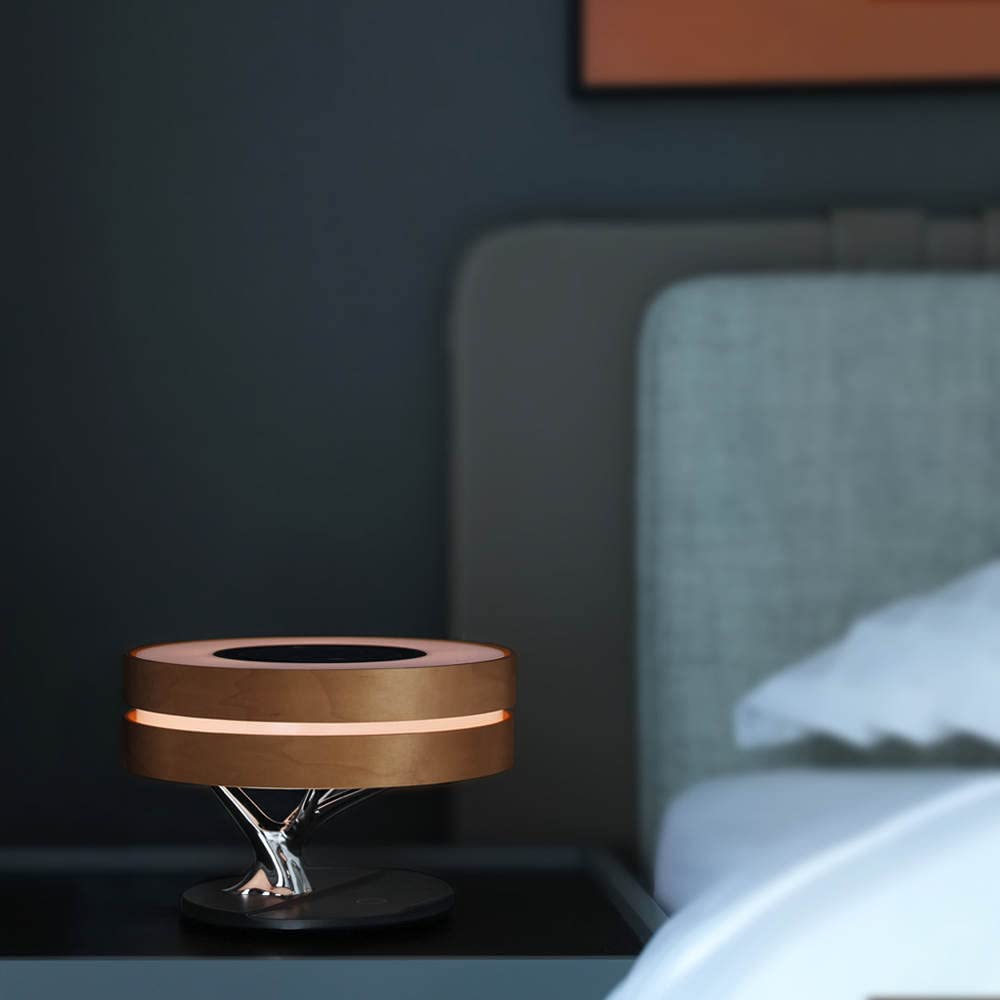 Modern LED Bedside Smart Table Lamp with Built-in TWS Bluetooth Speaker & Qi Wireless Charger - Stepless Dimming, Sleep Mode - Perfect for Bedroom, Office, and Nightstand Use (Circle of Light Design)
