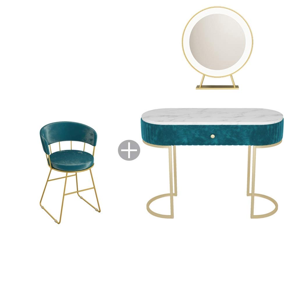 Modern Entryway Sofa Table & Vanity Set with Adjustable LED Mirror, Cushioned Stool & Marble Top - Hall Console Dressing Makeup Table for Bedroom, Closet or Hallway - Perfect for Makeup, Storage & Home Decor