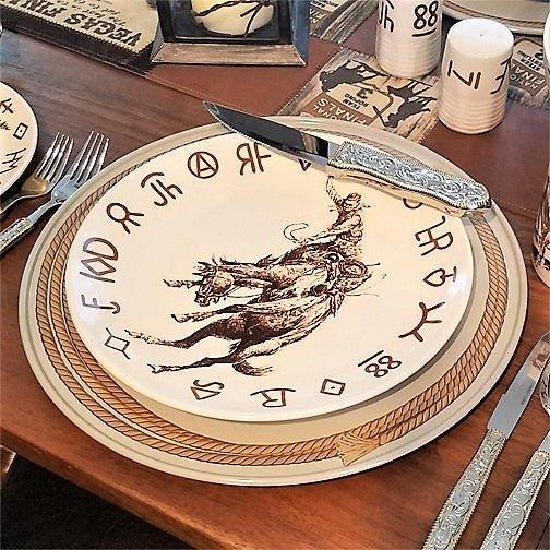 Western Cowboy Bronc & Brands Dinnerware Set - Rustic Ranch Style Plates, Bowls & Mugs for Farmhouse Dining & Country Kitchen Decor