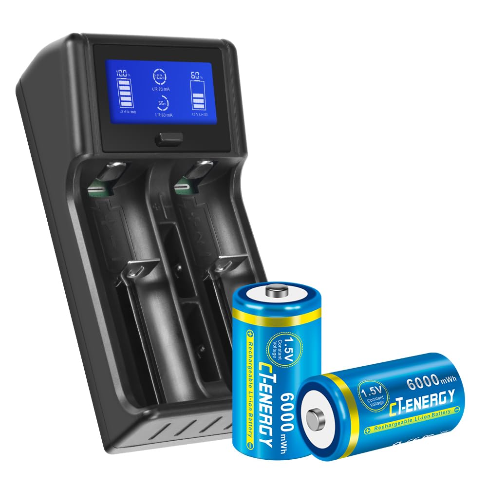 Rechargeable 1.5V Lithium C Batteries with Charger - 2 Pack for Flashlights, Emergency Kits & Camping Gear
