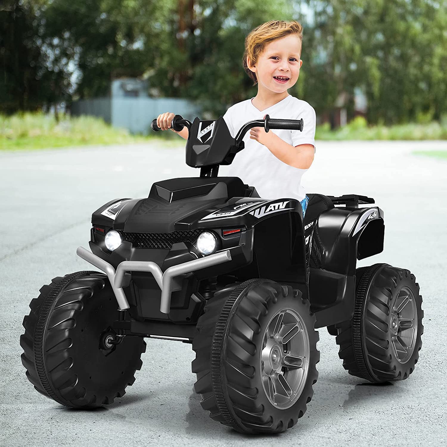 OLAKIDS 12V Kids Electric ATV Ride-On Toy Car - 4 Wheeler Battery Powered Motorized Quad for Boys & Girls with LED Lights, Music, Horn & Dual Speed - Perfect for Indoor & Outdoor Play (Black)