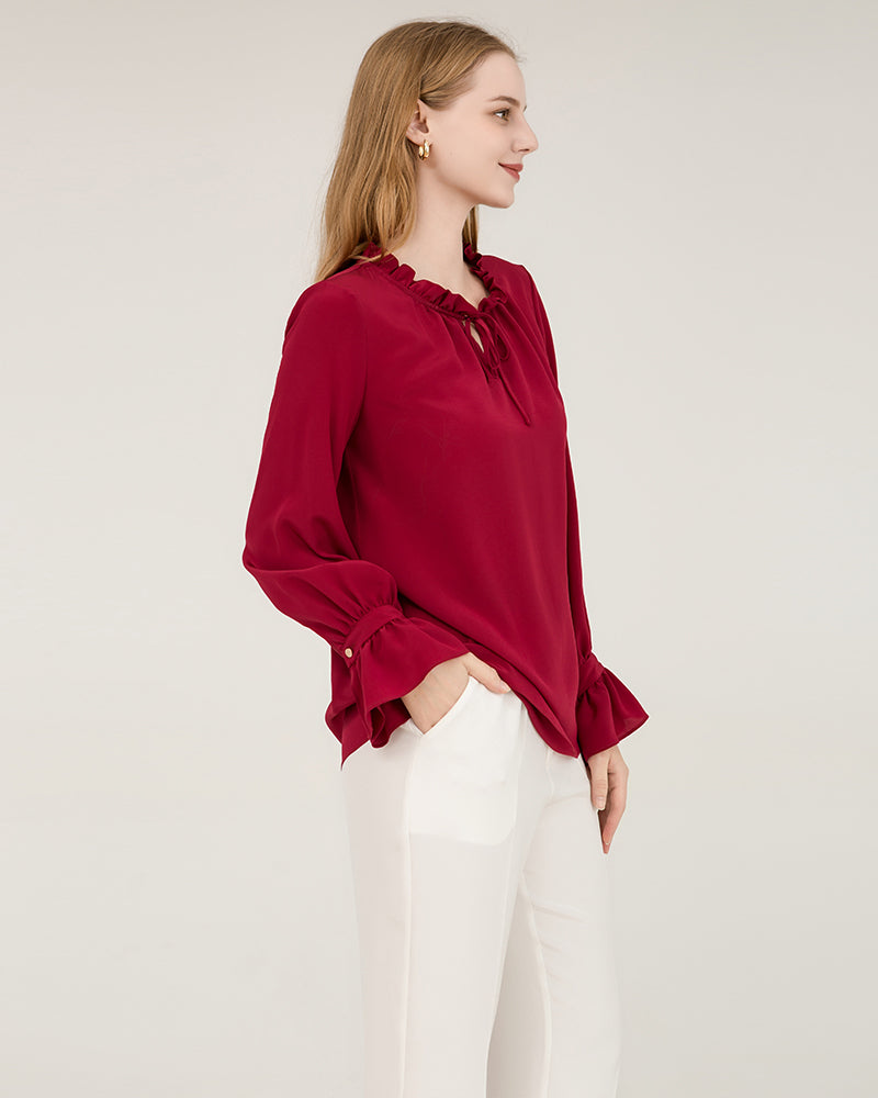 Elegant Ruffle Tie Neck Silk Blouse for Women - Soft & Luxurious Satin Shirt - Perfect for Office, Date Night & Special Occasions