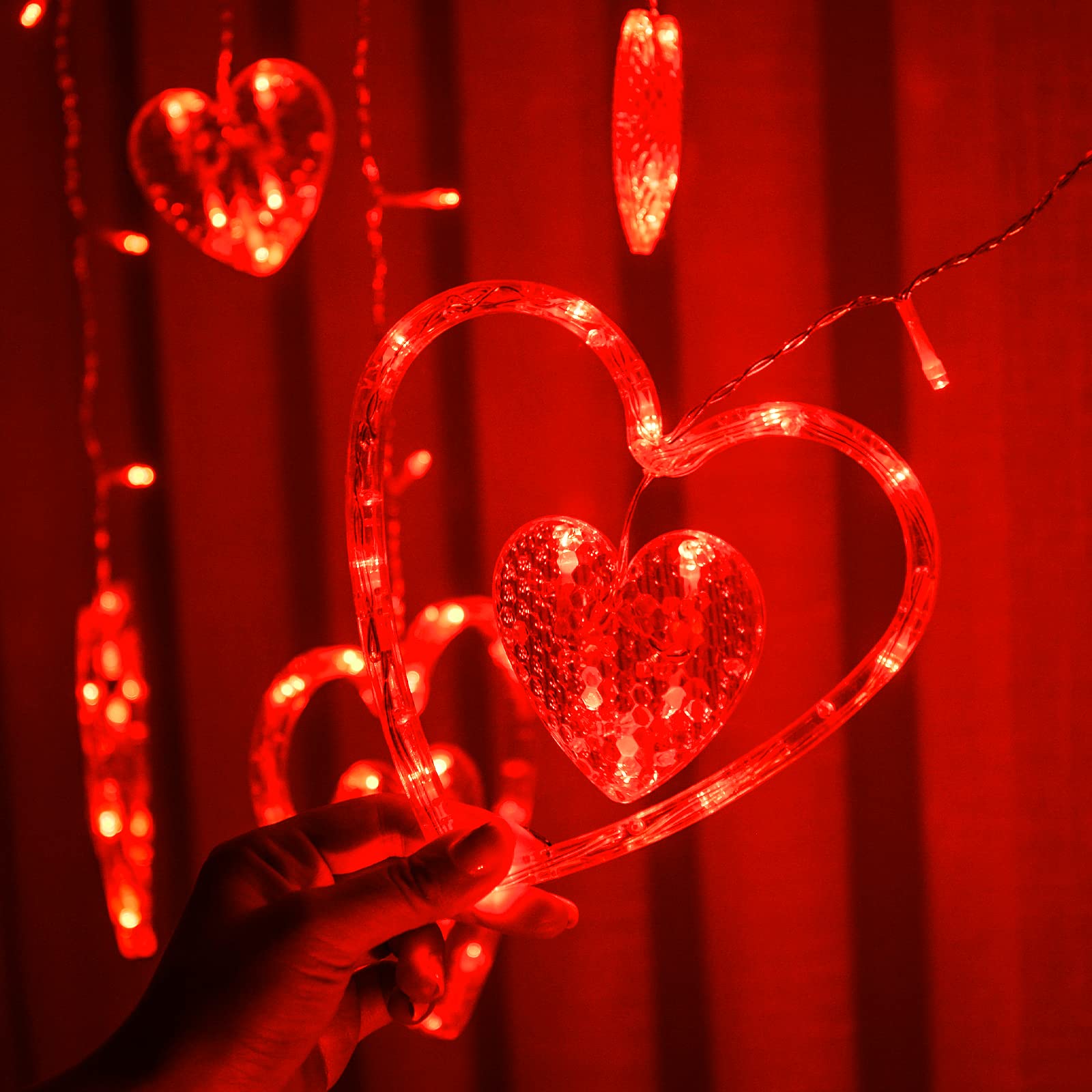 LOLStar Valentine's Day LED String Lights - 168 Heart-Shaped Red Window Lights with Remote Control, 8 Flashing Modes, Indoor Hanging Curtain Lights for Romantic Decor - Perfect for Bedroom, Wedding, Party & Valentine's Day Decorations