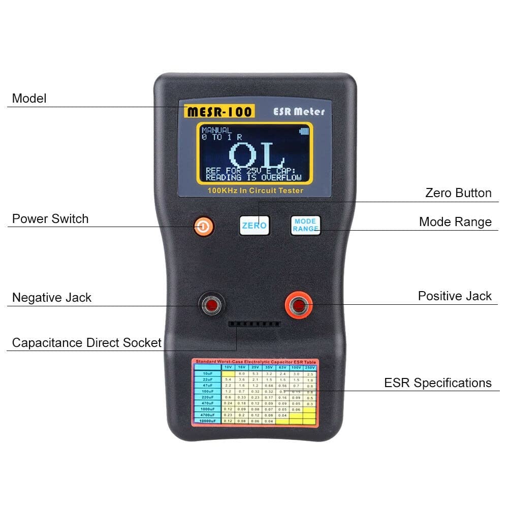 MESR-100 Digital Capacitor ESR Meter - High Precision Capacitance & Internal Resistance Tester (0.001-100Ω) - Perfect for Electronics Repair, DIY Projects & Circuit Board Testing