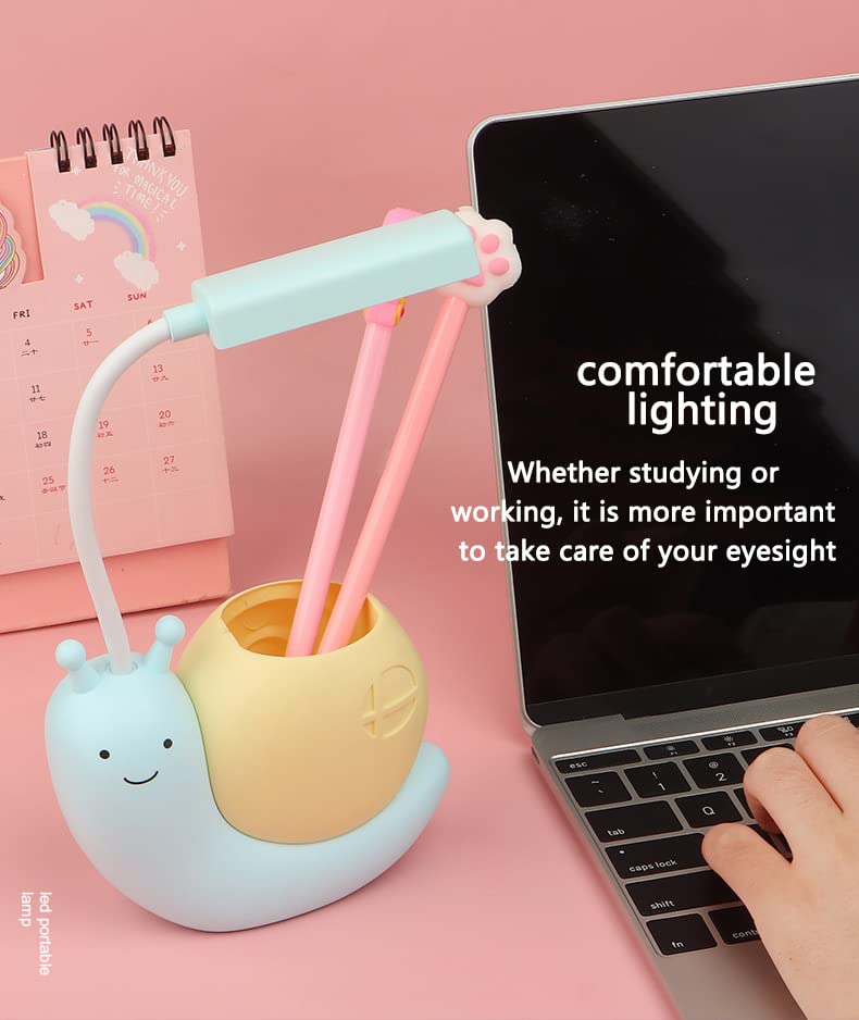 Snail-Shaped LED Desk Lamp for Kids - Adjustable 360° Bendable Neck, Eye Protection Study Light with USB Charging & Pen Holder | Perfect for Homework, Reading & Night Light in Children's Room