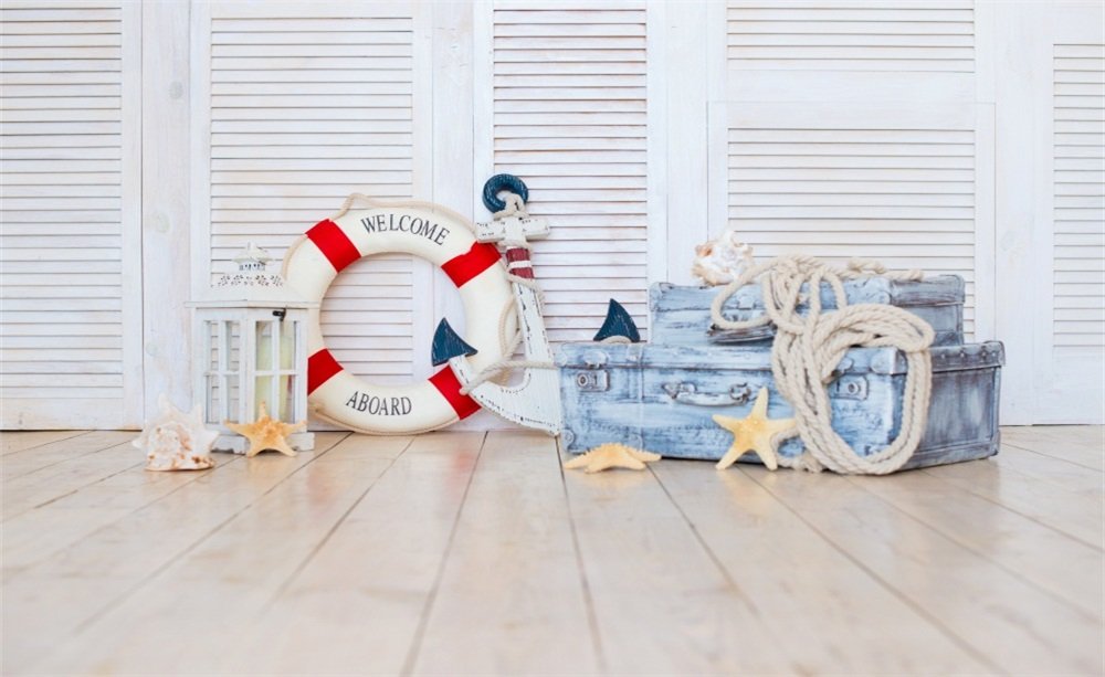 5x3FT Vintage Nautical Photography Backdrop - Sailing Life Buoy Anchor Hemp Rope Starfish Lantern Shell Shutters Wood Floor Design for Kids Baby Photo Studio Props | Perfect for Birthday Parties, Newborn Photos & Themed Events
